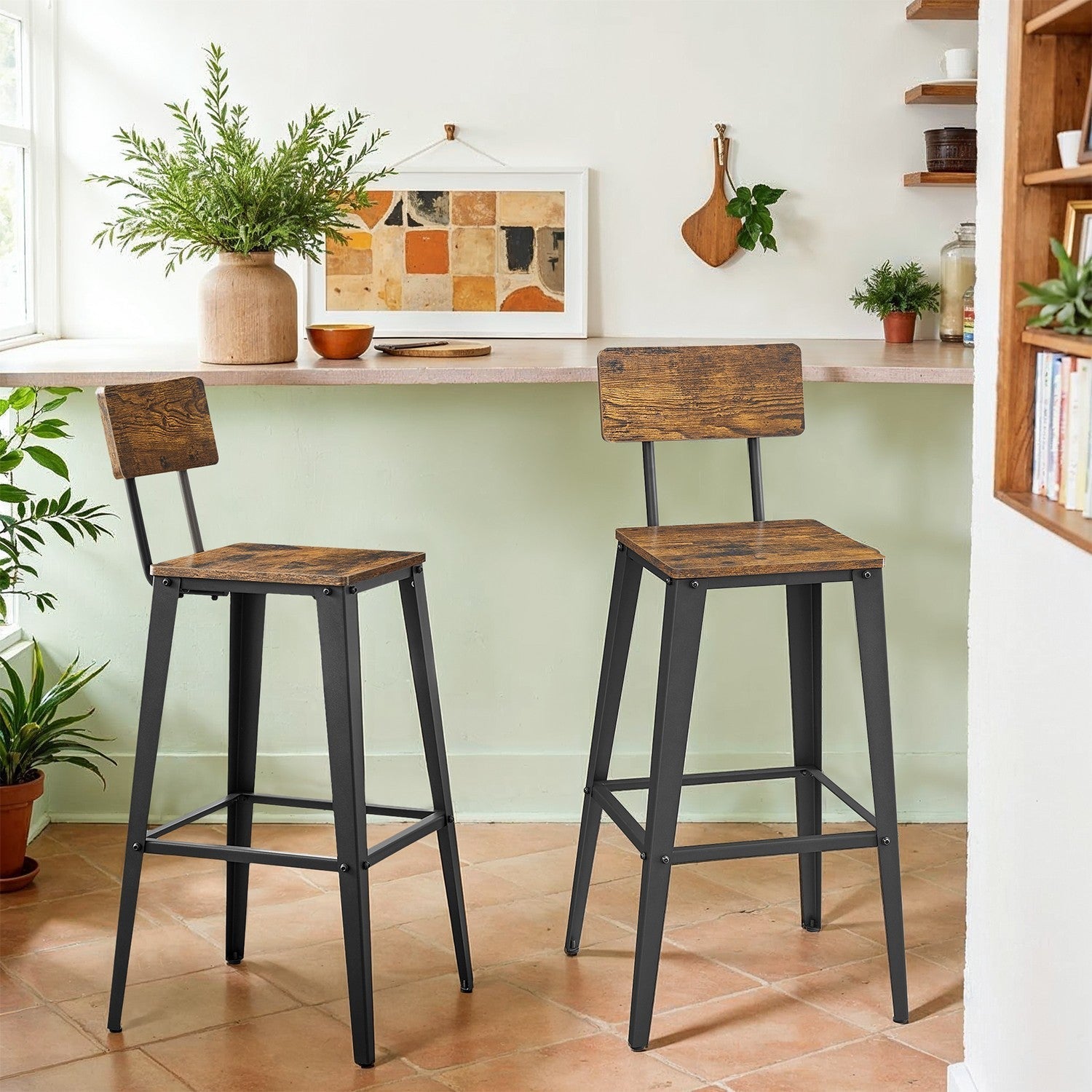 Set of 2 Bar Stools - Metal - Black and Rustic Brown - Supportive Backrest