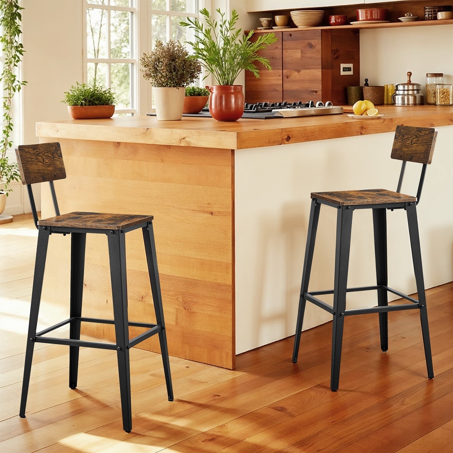 Set of 2 Bar Stools - Metal - Black and Rustic Brown - Supportive Backrest
