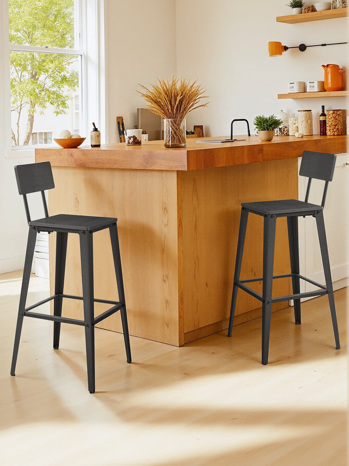 Set of 2 Bar Height Stools - Steel - Rustic Brown and Black - Backrest