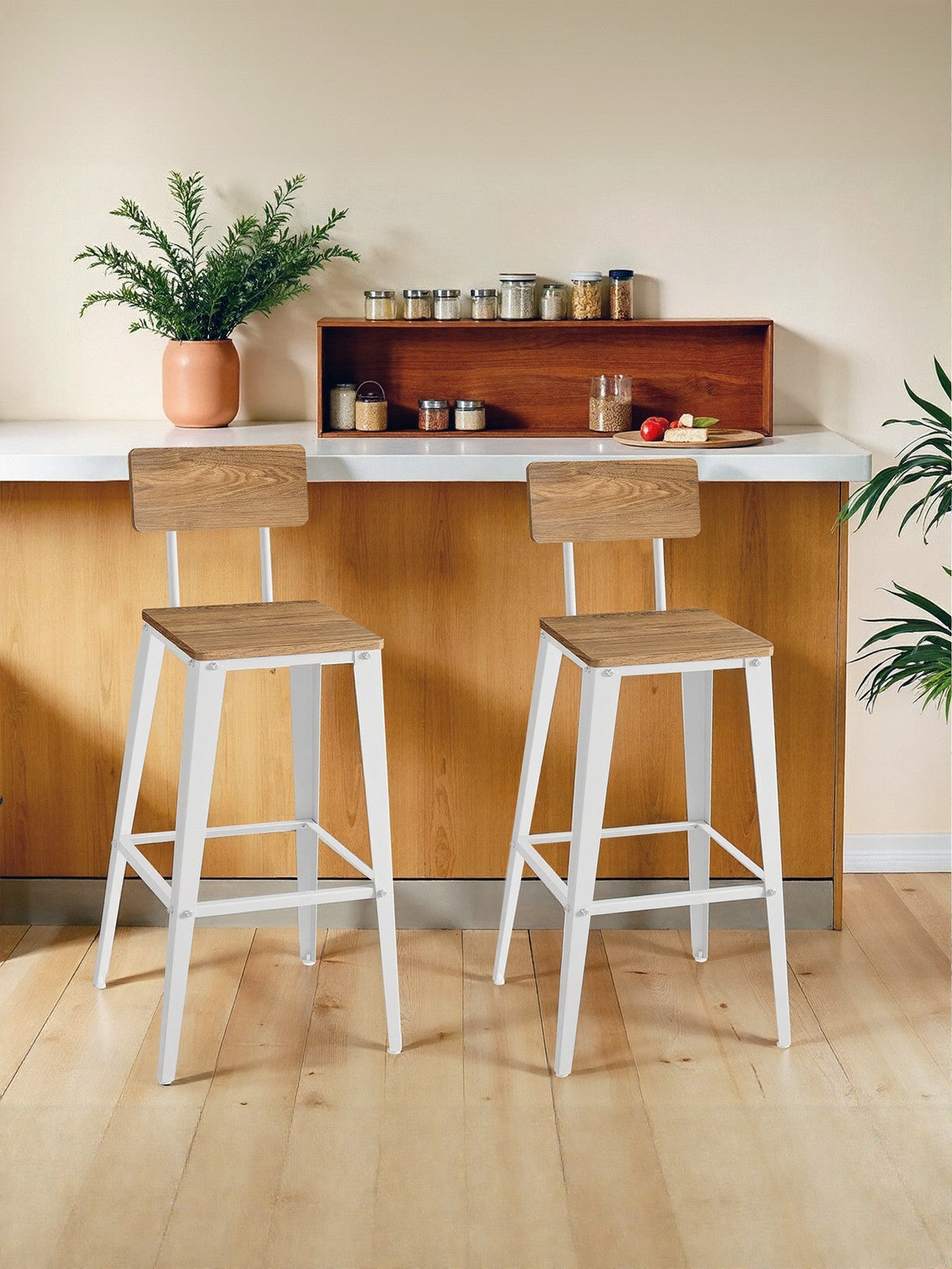 Set of 2 Bar Height Stools - Steel - Rustic Brown and Black - Backrest