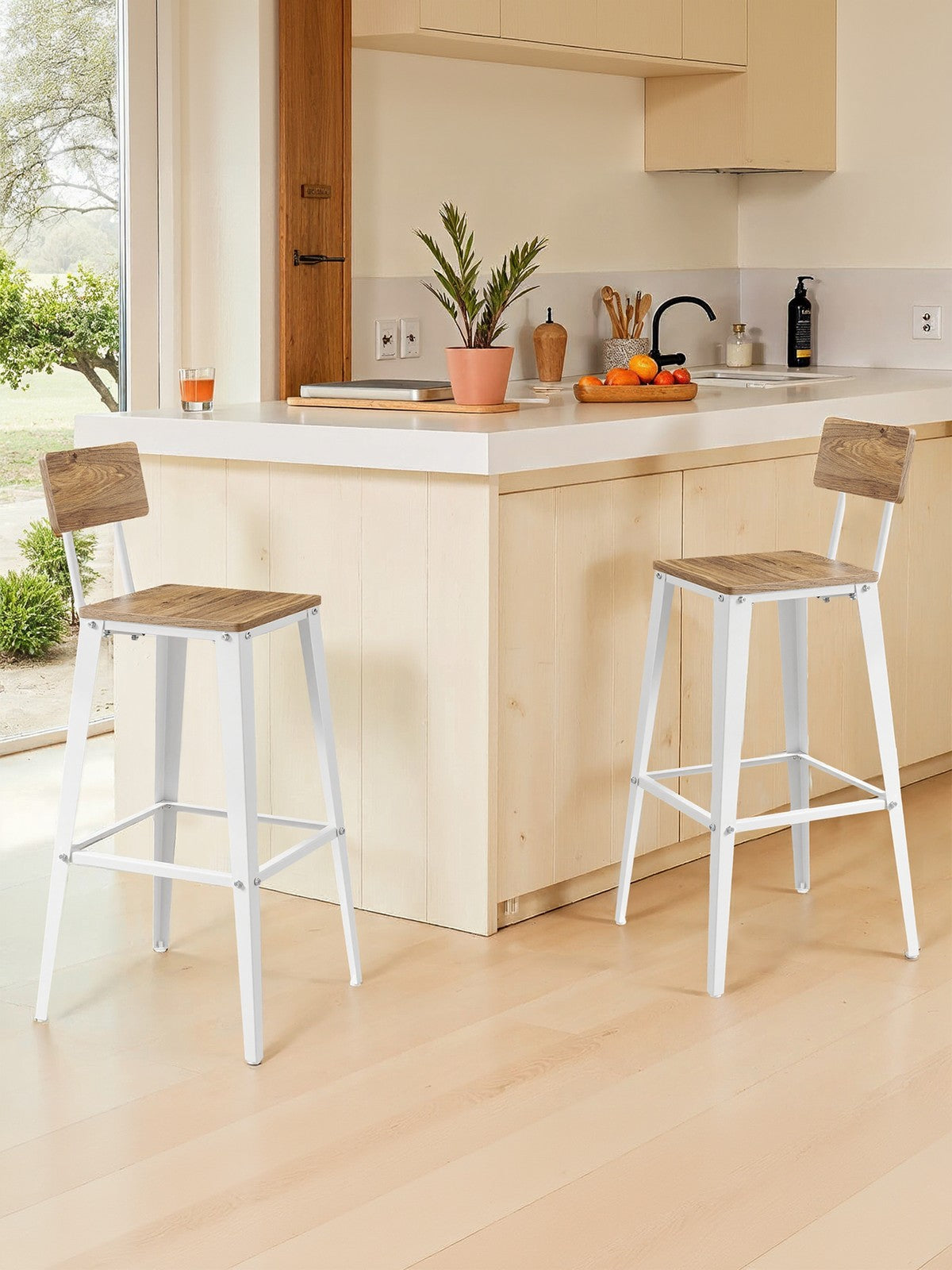 Set of 2 Bar Height Stools - Steel - Rustic Brown and Black - Backrest