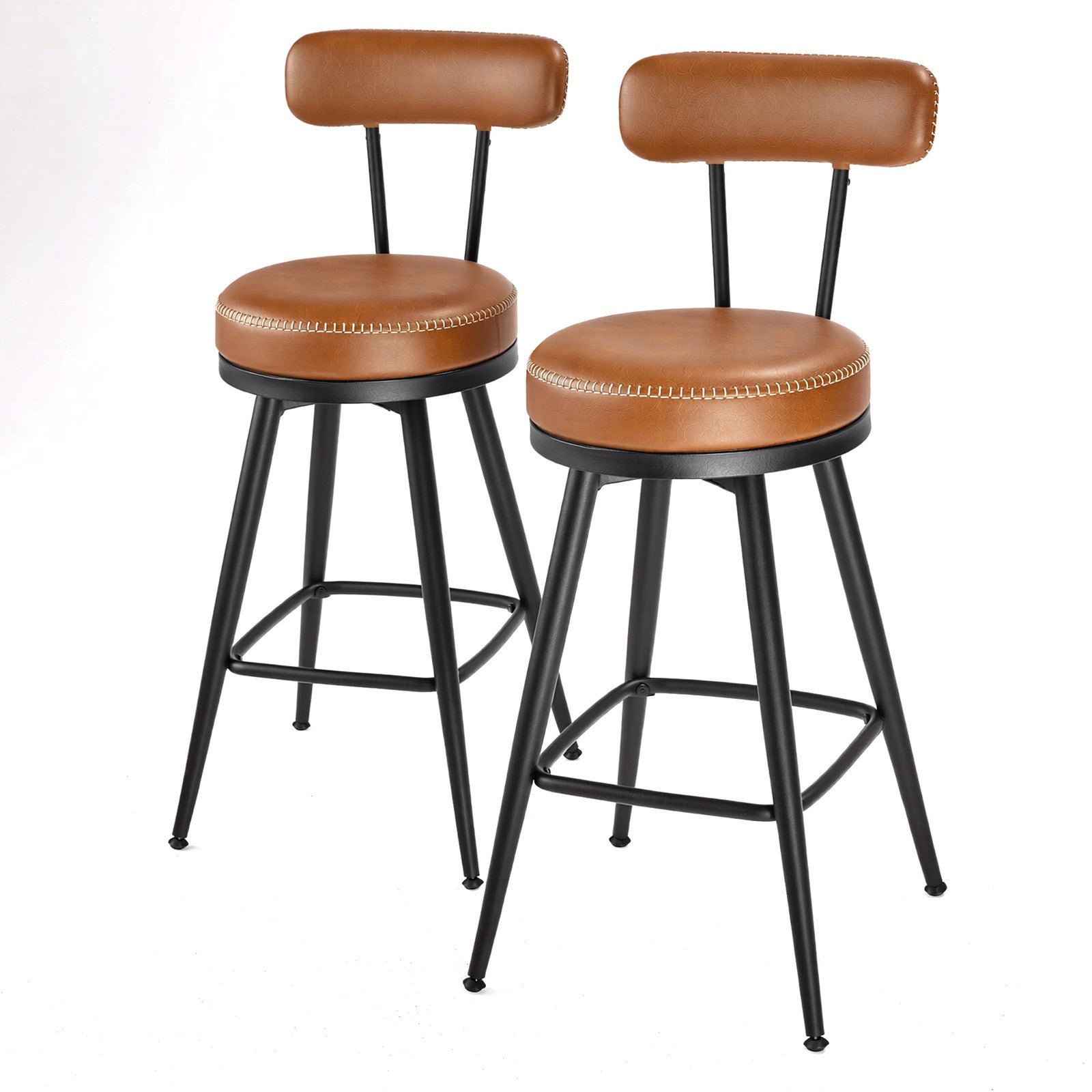 Set of 2 Counter Height Swivel Barstools - Synthetic Leather - Caramel Brown