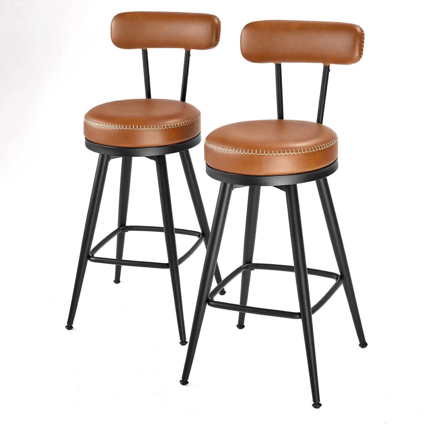 Set of 2 Counter Height Swivel Barstools - Synthetic Leather - Caramel Brown