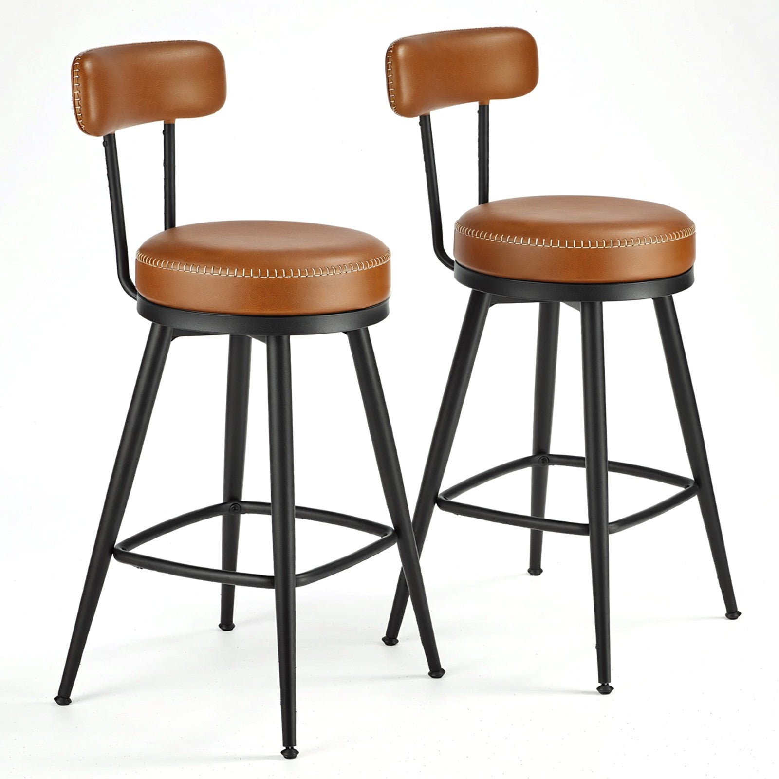 Set of 2 Counter Height Swivel Barstools - Synthetic Leather - Caramel Brown