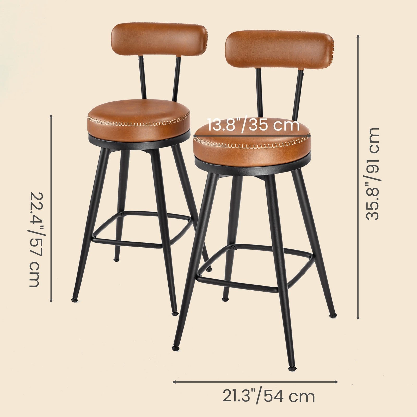Set of 2 Counter Height Swivel Barstools - Synthetic Leather - Caramel Brown