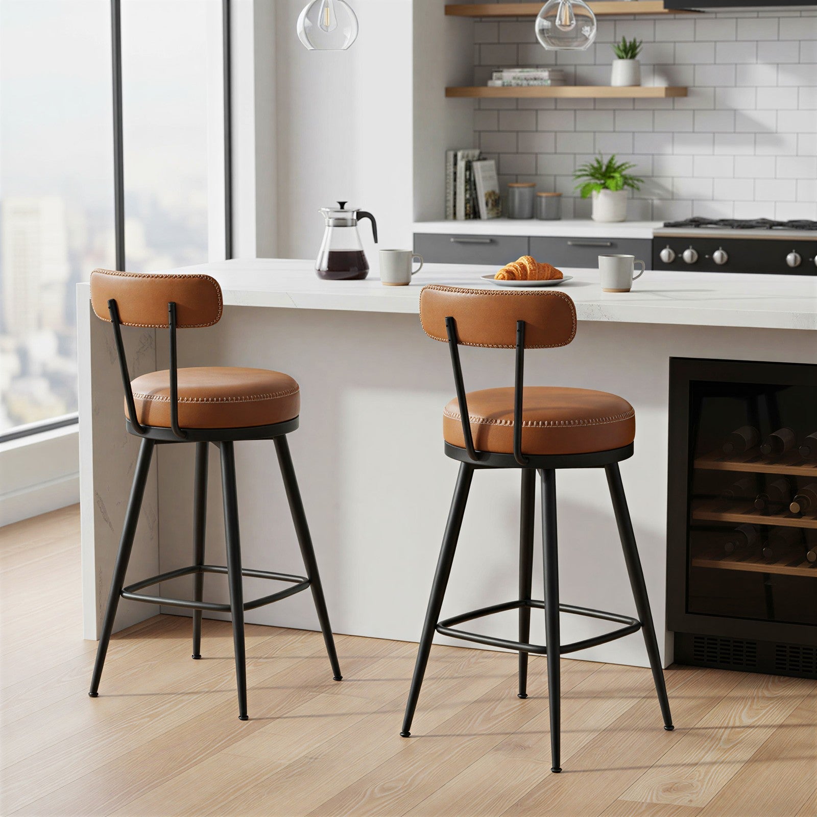Set of 2 Counter Height Swivel Barstools - Synthetic Leather - Caramel Brown