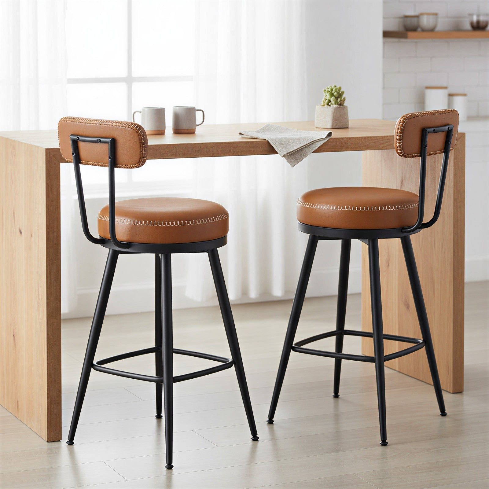 Set of 2 Counter Height Swivel Barstools - Synthetic Leather - Caramel Brown