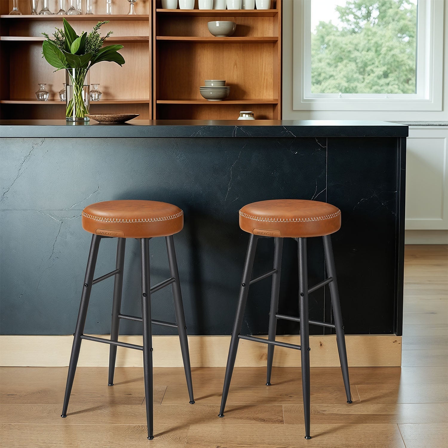 Set of 2 Bar Stools - Synthetic Leather - Brown - 63 cm Tall