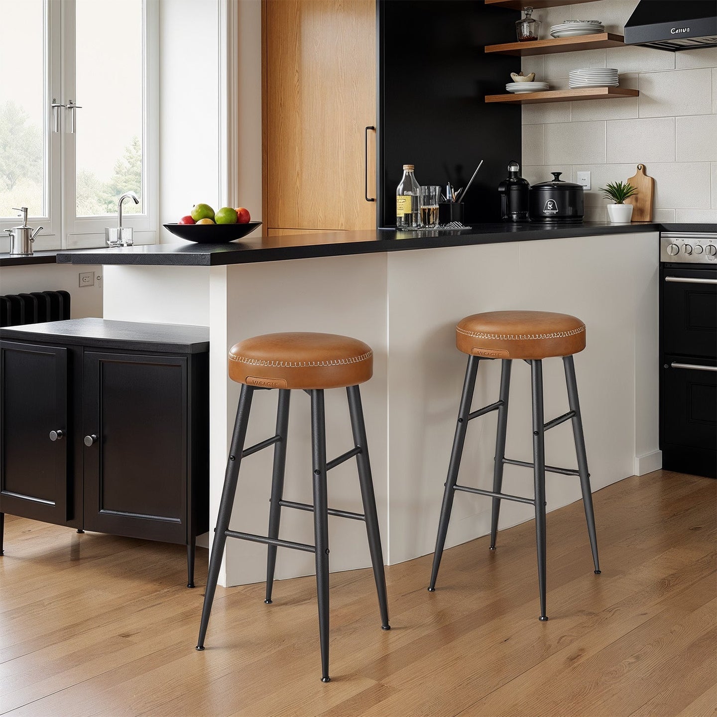 Set of 2 Bar Stools - Synthetic Leather - Brown - 63 cm Tall