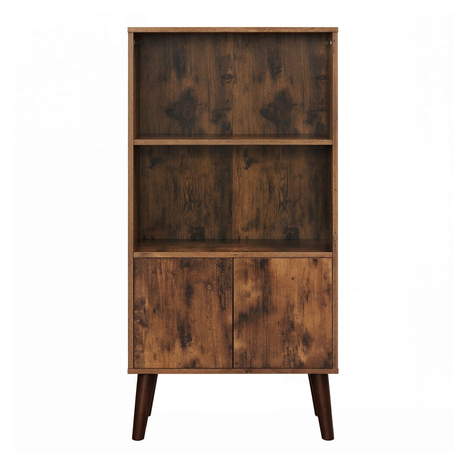 Rustic 3-Tier Storage Shelf - 120L - Solid Wood Legs - Push-to-Open Cabinet Doors