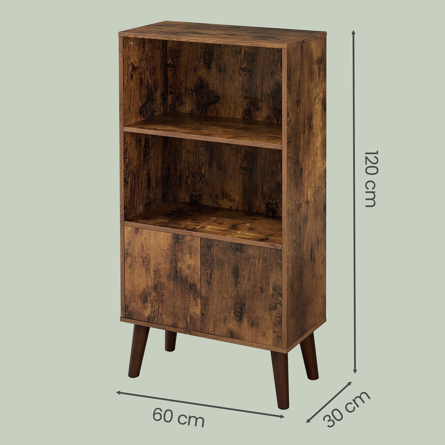 Rustic 3-Tier Storage Shelf - 120L - Solid Wood Legs - Push-to-Open Cabinet Doors