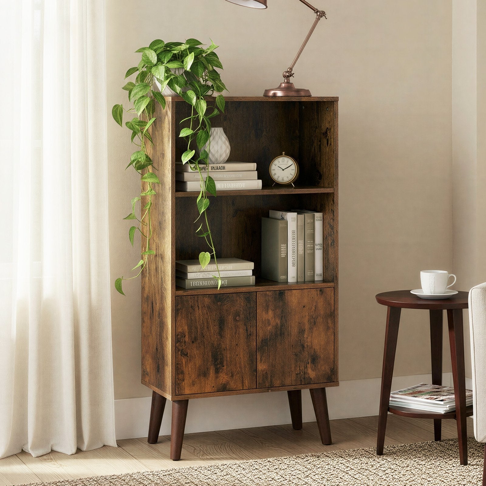 Rustic 3-Tier Storage Shelf - 120L - Solid Wood Legs - Push-to-Open Cabinet Doors