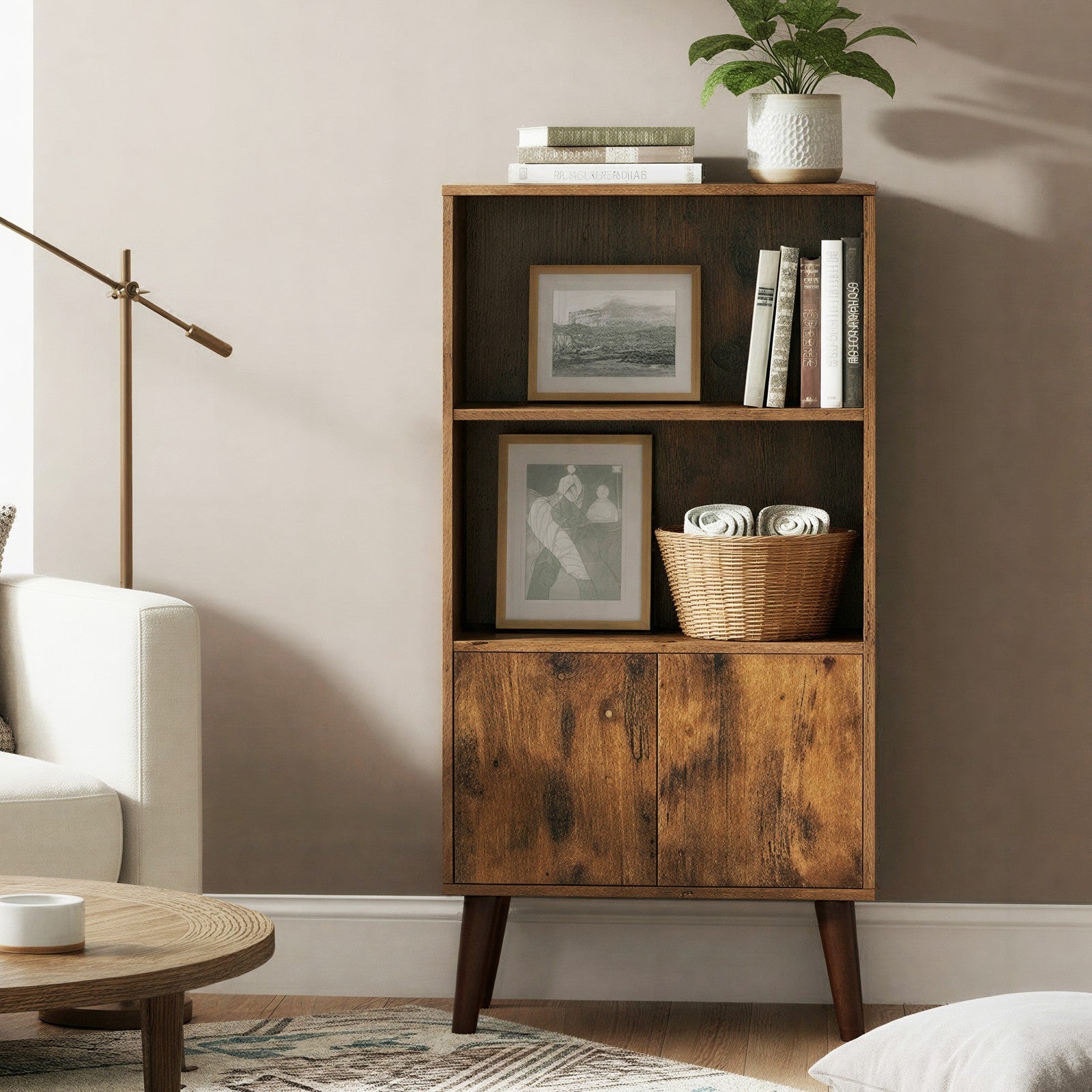 Rustic 3-Tier Storage Shelf - 120L - Solid Wood Legs - Push-to-Open Cabinet Doors
