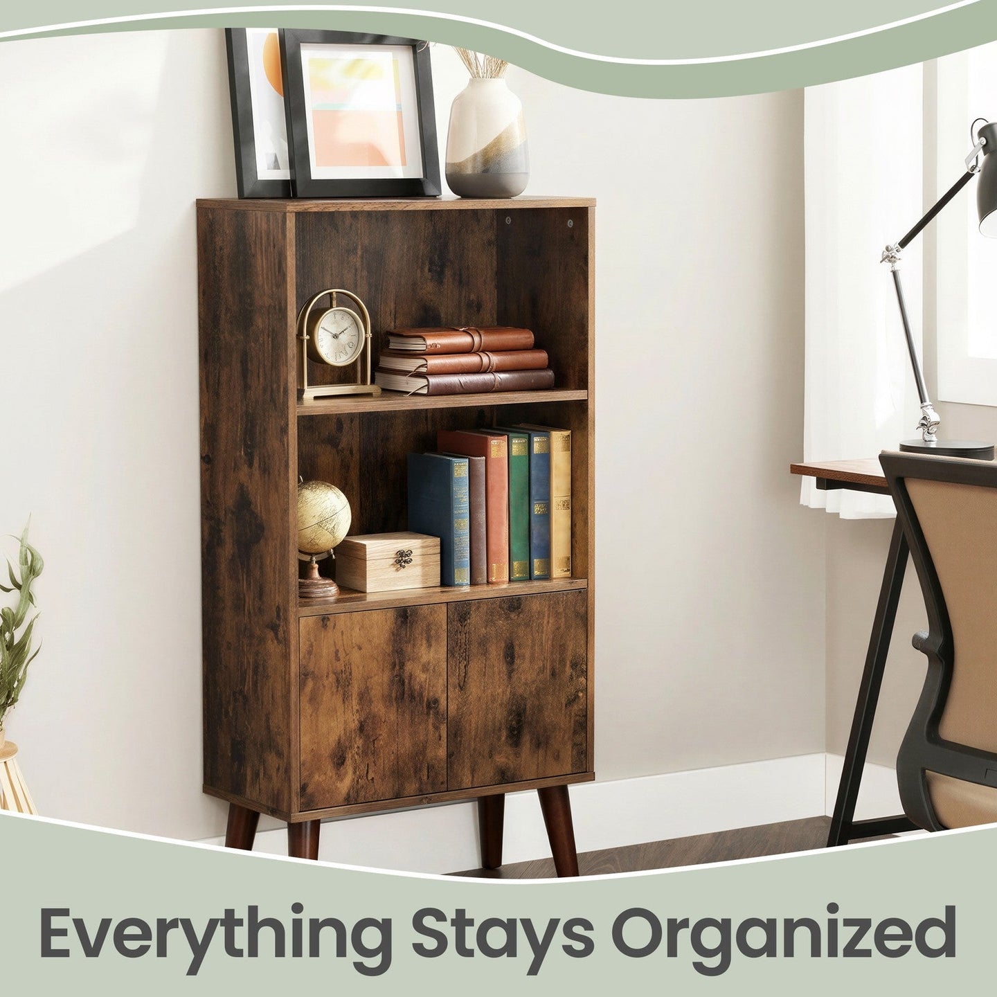 Rustic 3-Tier Storage Shelf - 120L - Solid Wood Legs - Push-to-Open Cabinet Doors