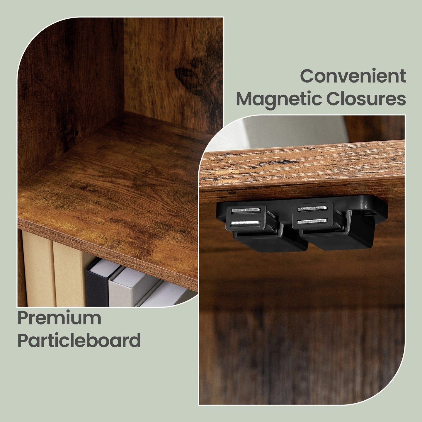 Rustic 3-Tier Storage Shelf - 120L - Solid Wood Legs - Push-to-Open Cabinet Doors
