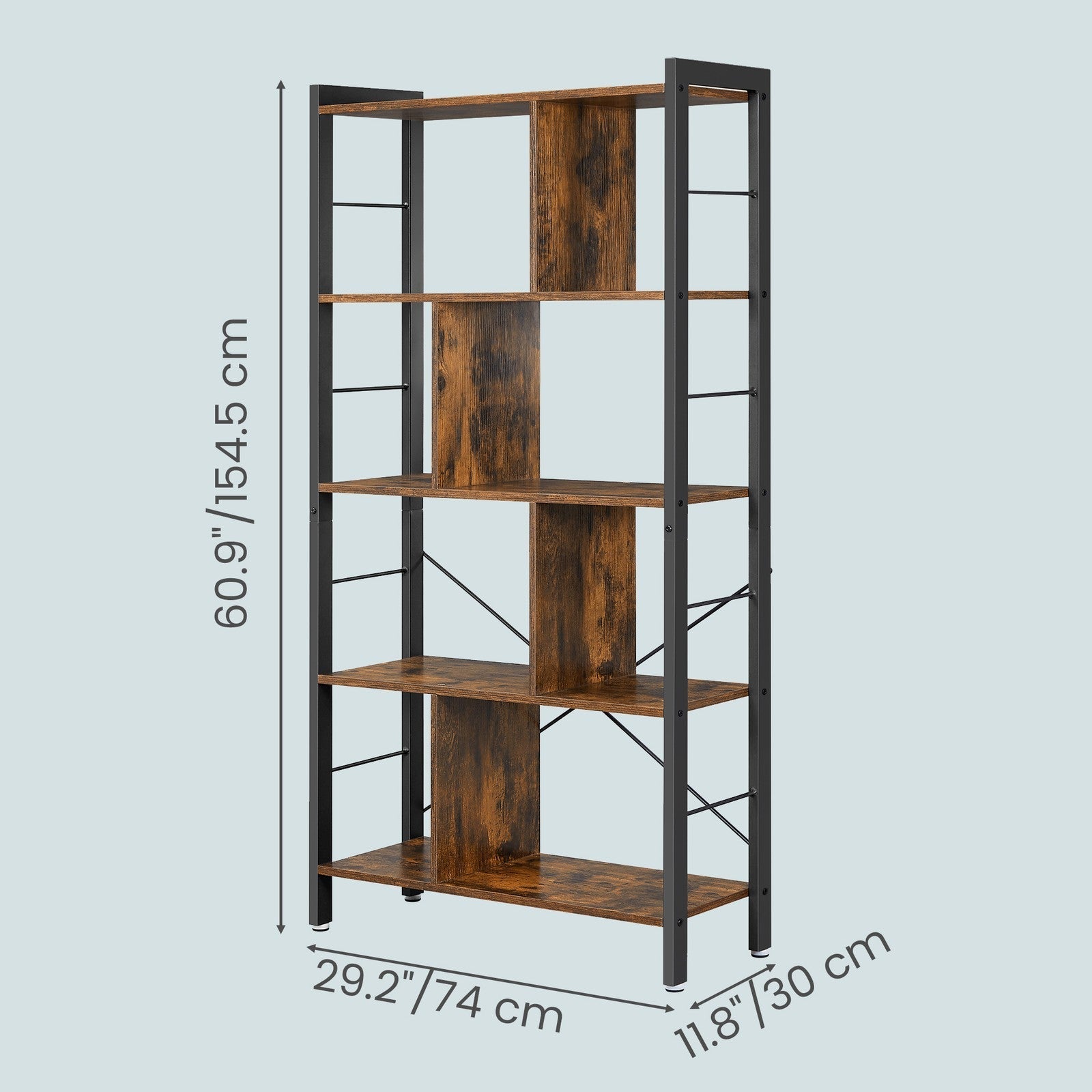 5-Tier Bookshelf - Engineered Wood - Rustic Brown - Floor Standing Design for Home Office