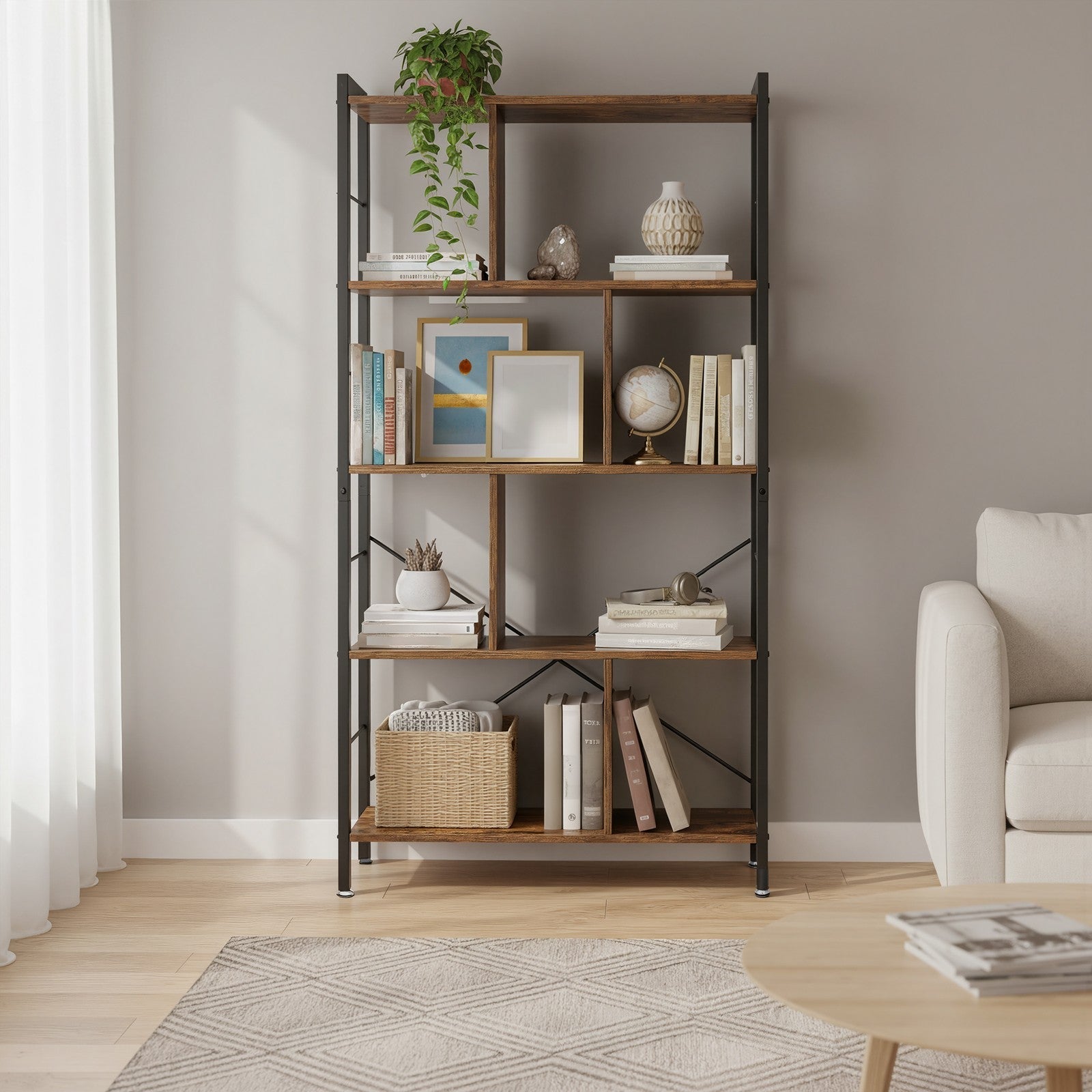 5-Tier Bookshelf - Engineered Wood - Rustic Brown - Floor Standing Design for Home Office