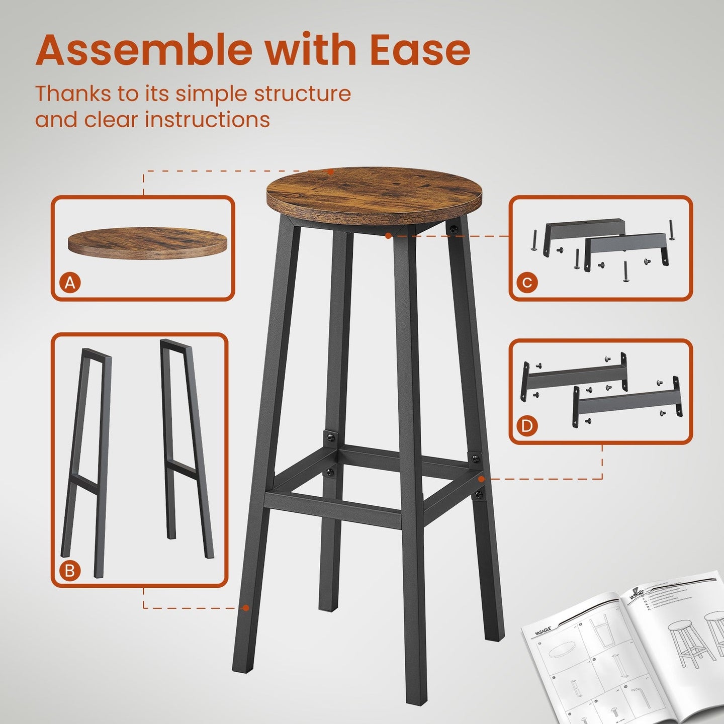 Bar Stools Set of 2 - 74cm - Metal Frame - Footrest