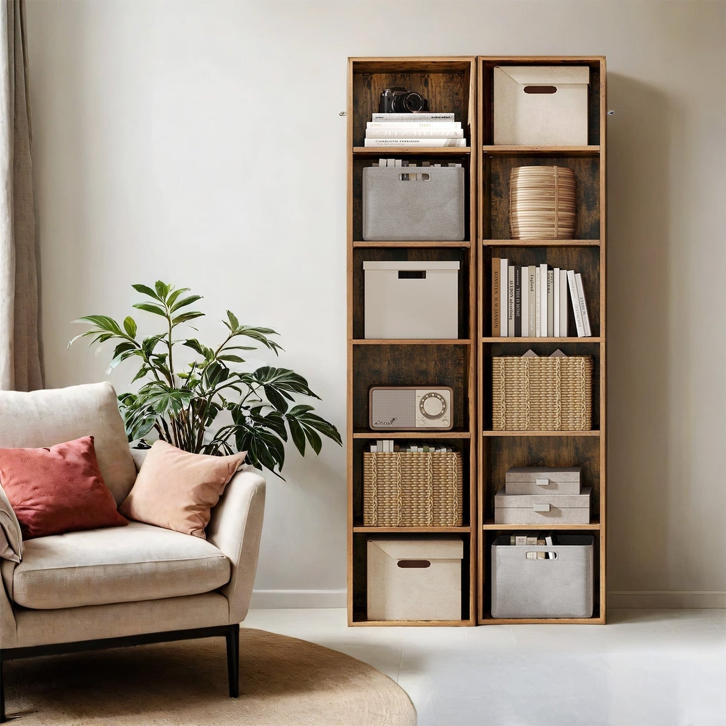 Bookshelf - Wood - Natural Finish - 6 Adjustable Shelves for Home Office and Children's Storage