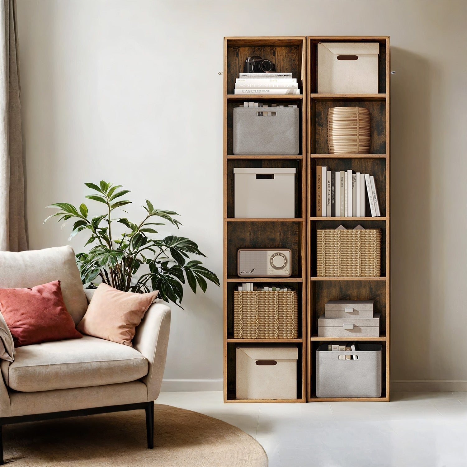 Bookshelf - Wood - Natural Finish - 6 Adjustable Shelves for Home Office and Children's Storage