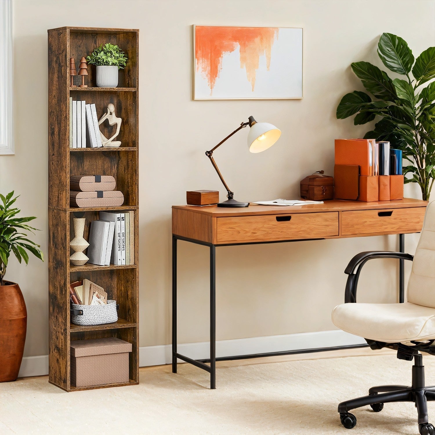 Bookshelf - Wood - Natural Finish - 6 Adjustable Shelves for Home Office and Children's Storage