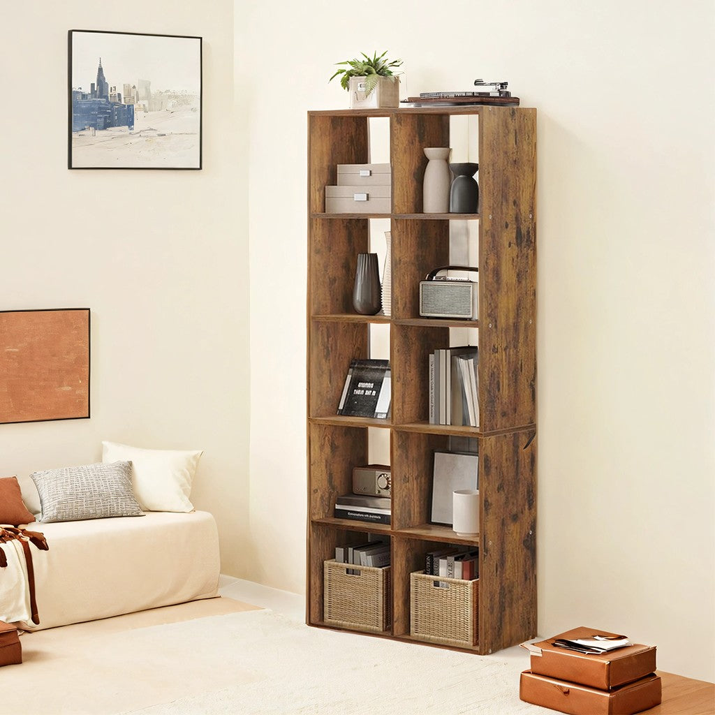 10-Cube Shelving Unit - Engineered Wood - Rustic Brown - Multifunctional Room Divider
