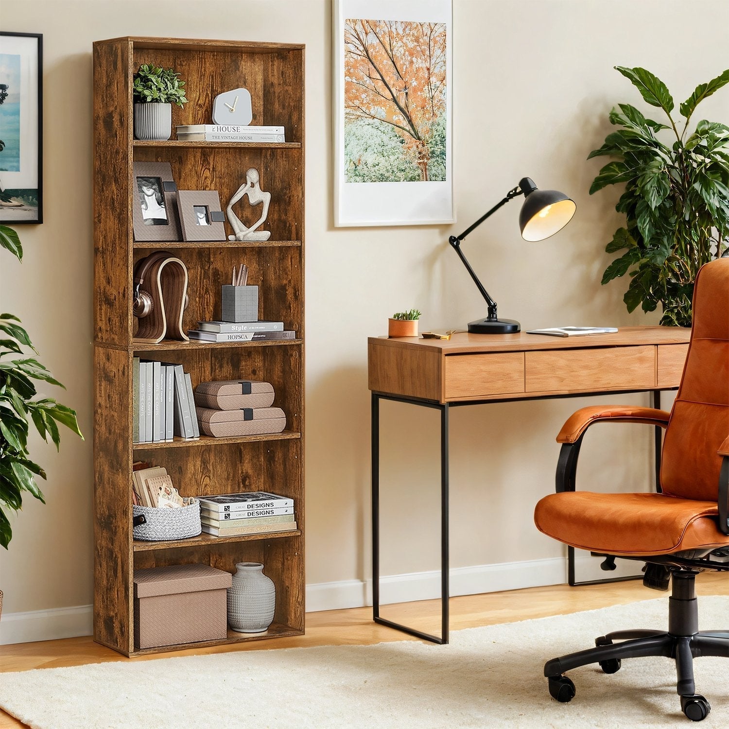 Bookshelf - Wood - Natural Finish - 6 Adjustable Shelves for Home Office and Children's Storage