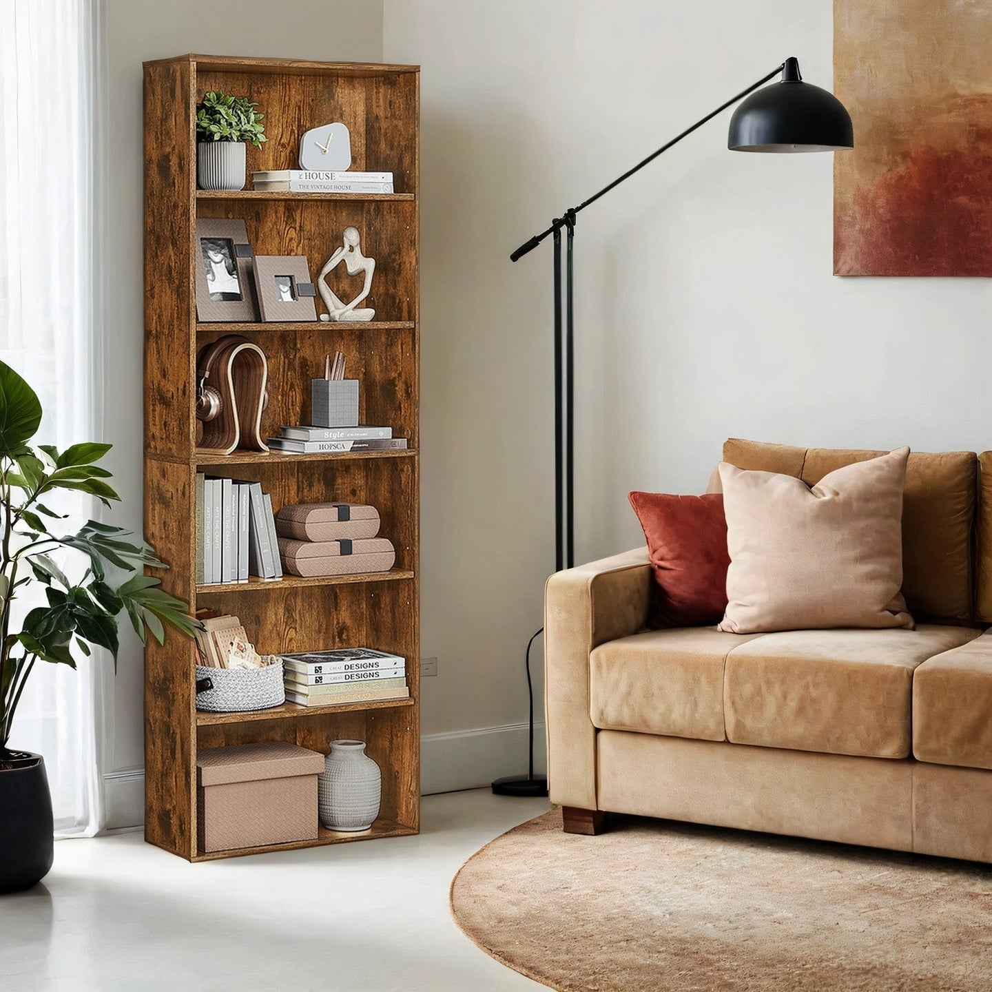 Bookshelf - Wood - Natural Finish - 6 Adjustable Shelves for Home Office and Children's Storage