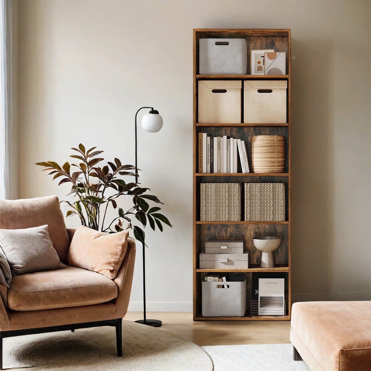 Bookshelf - Wood - Natural Finish - 6 Adjustable Shelves for Home Office and Children's Storage