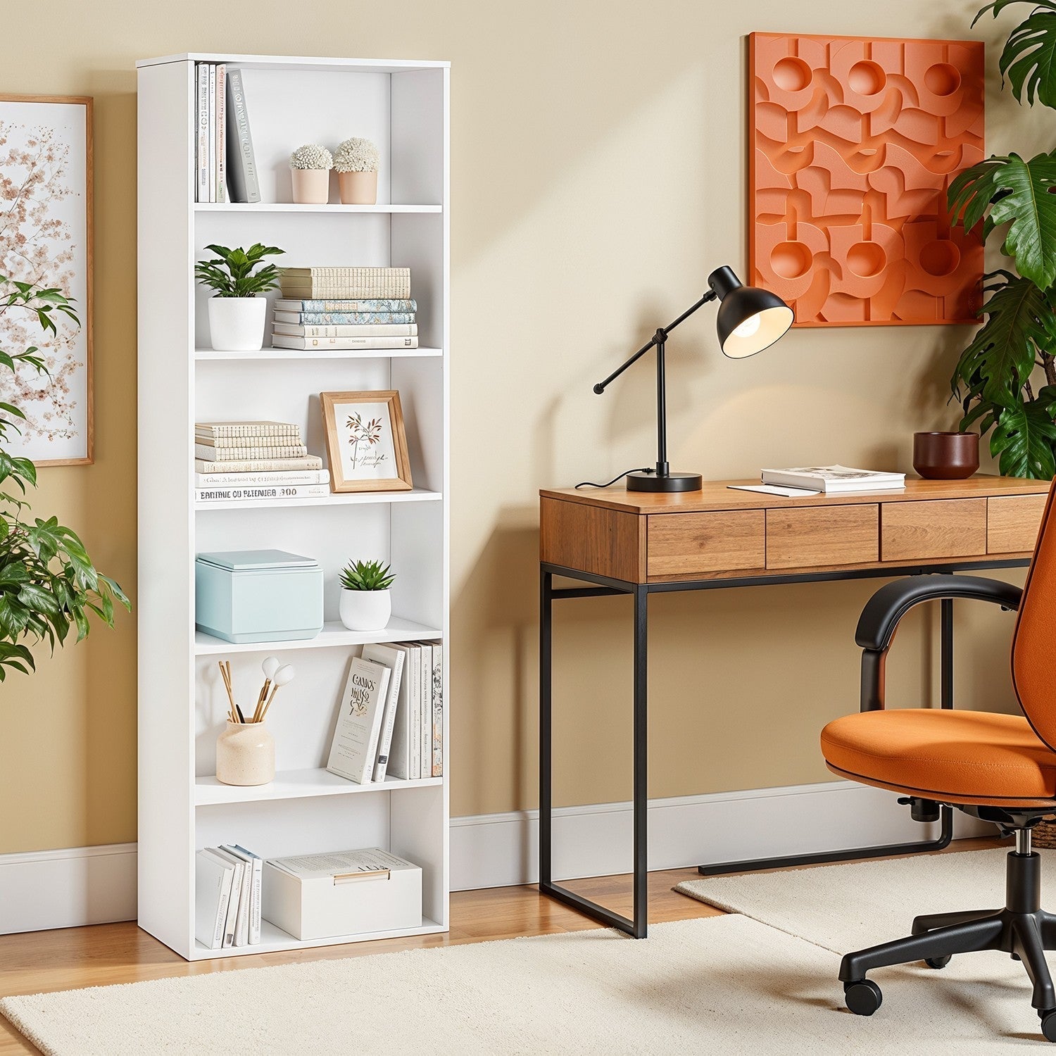 Bookshelf - Wood - Natural Finish - 6 Adjustable Shelves for Home Office and Children's Storage
