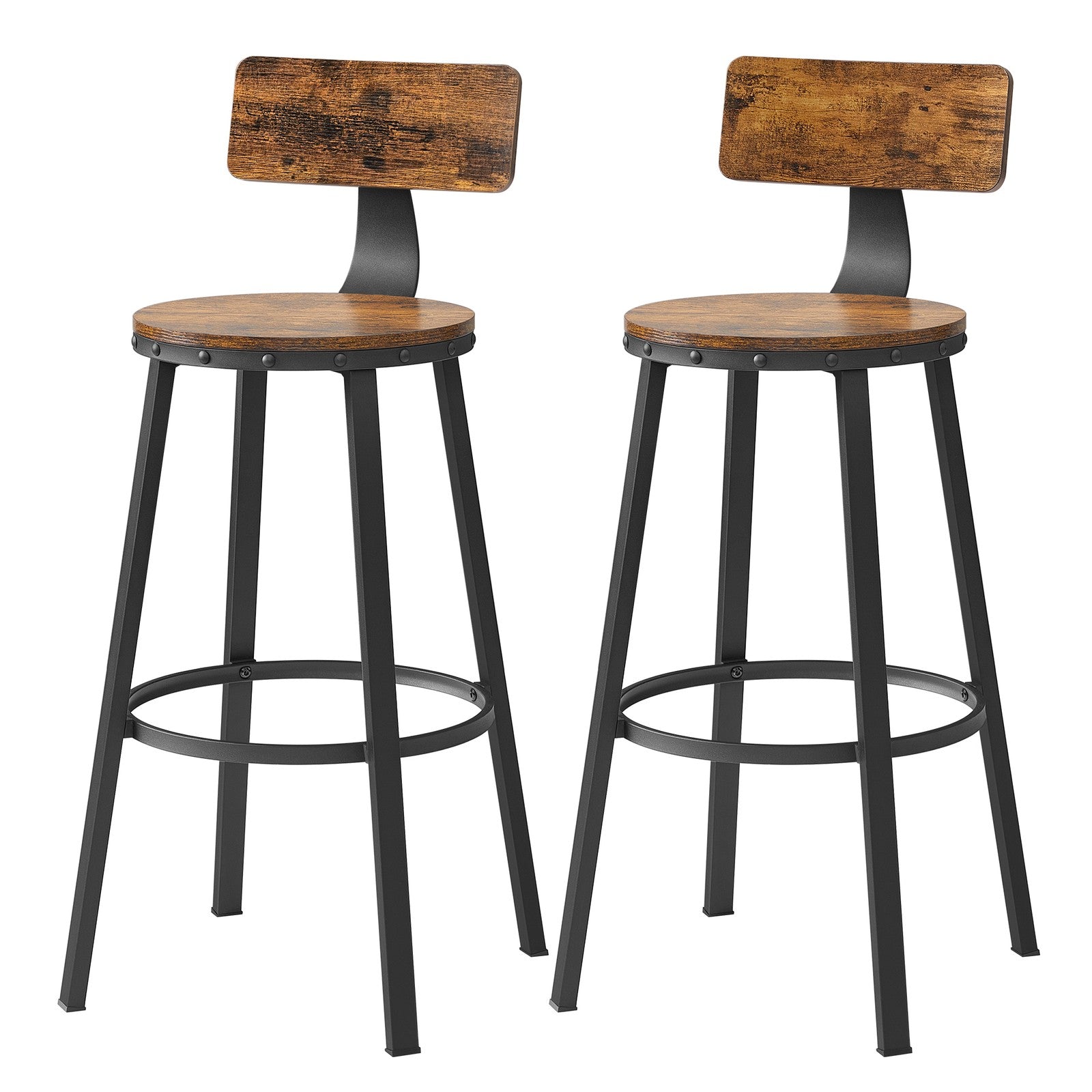 Set of 4 Bar Stools - Heavy-Duty Steel Frame - Rustic Brown and Black - With Backrest