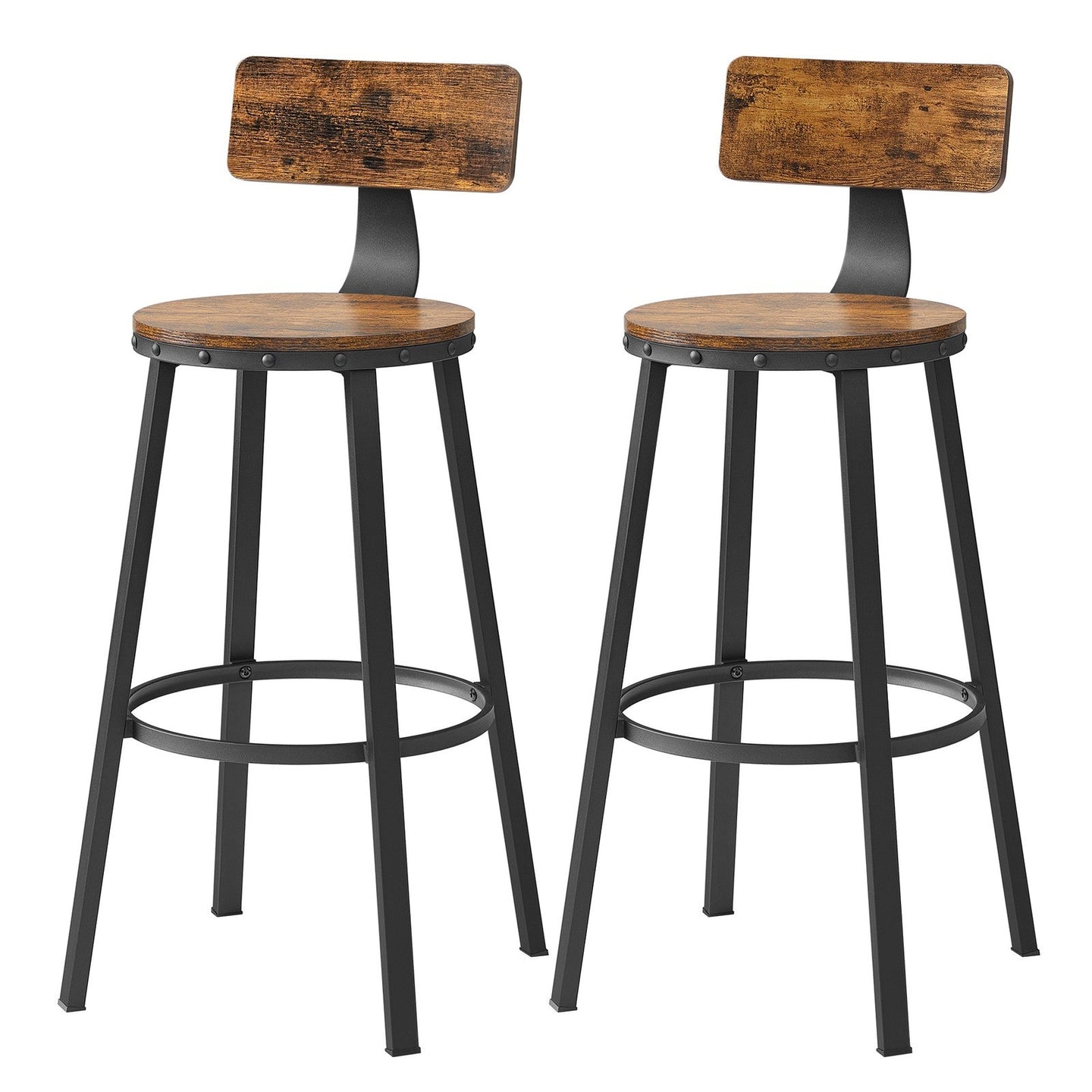 Set of 4 Bar Stools - Heavy-Duty Steel Frame - Rustic Brown and Black - With Backrest