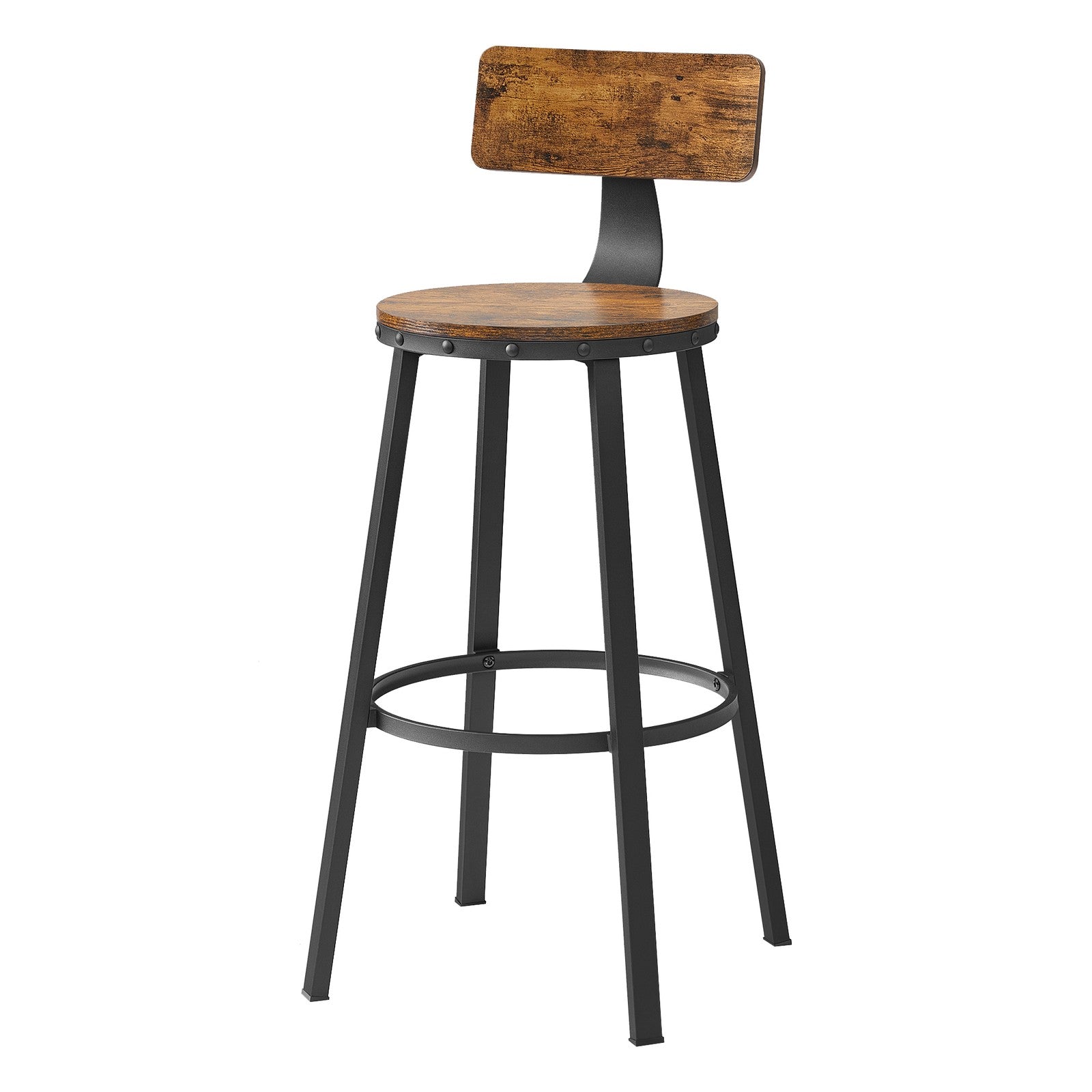 Set of 4 Bar Stools - Heavy-Duty Steel Frame - Rustic Brown and Black - With Backrest