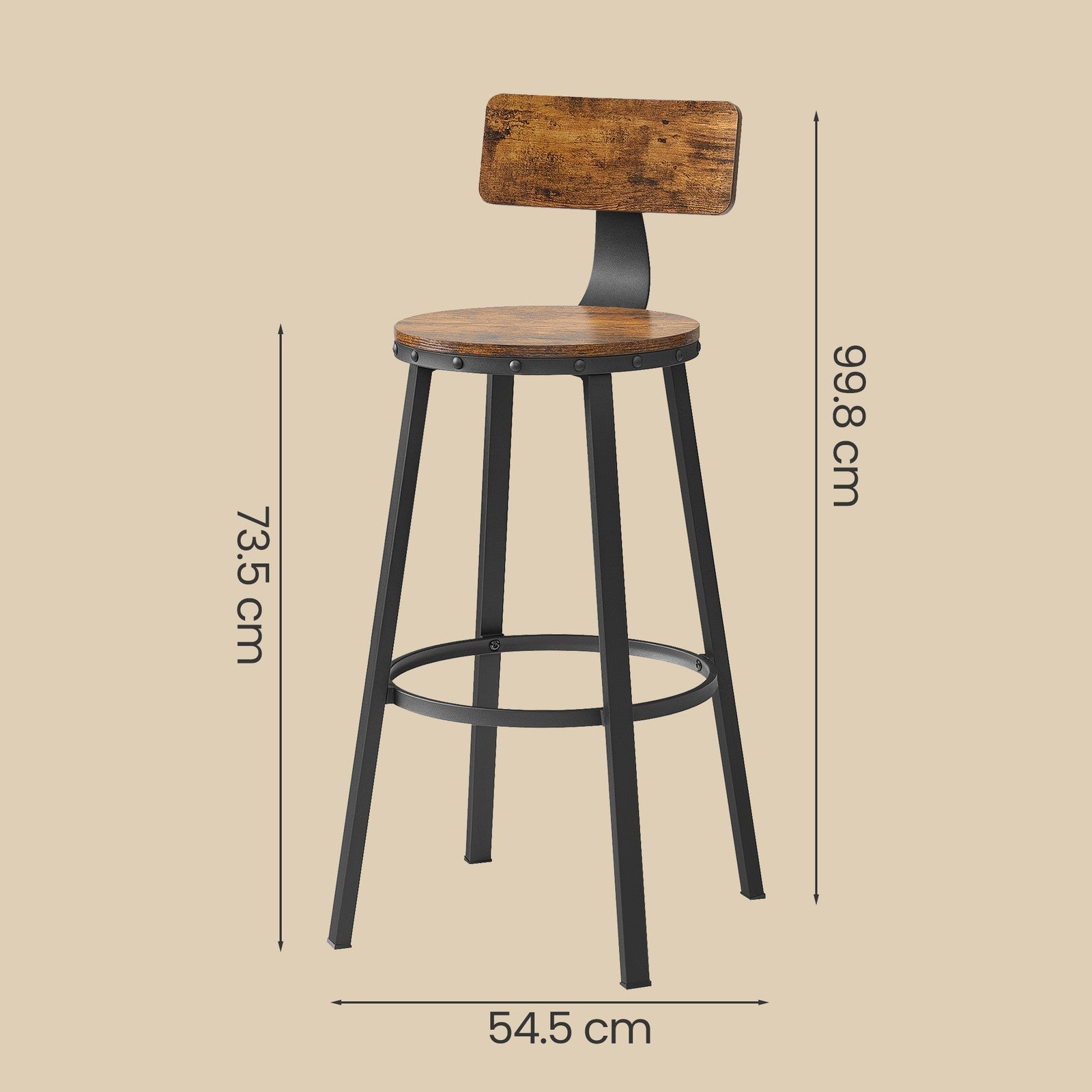 Set of 4 Bar Stools - Heavy-Duty Steel Frame - Rustic Brown and Black - With Backrest