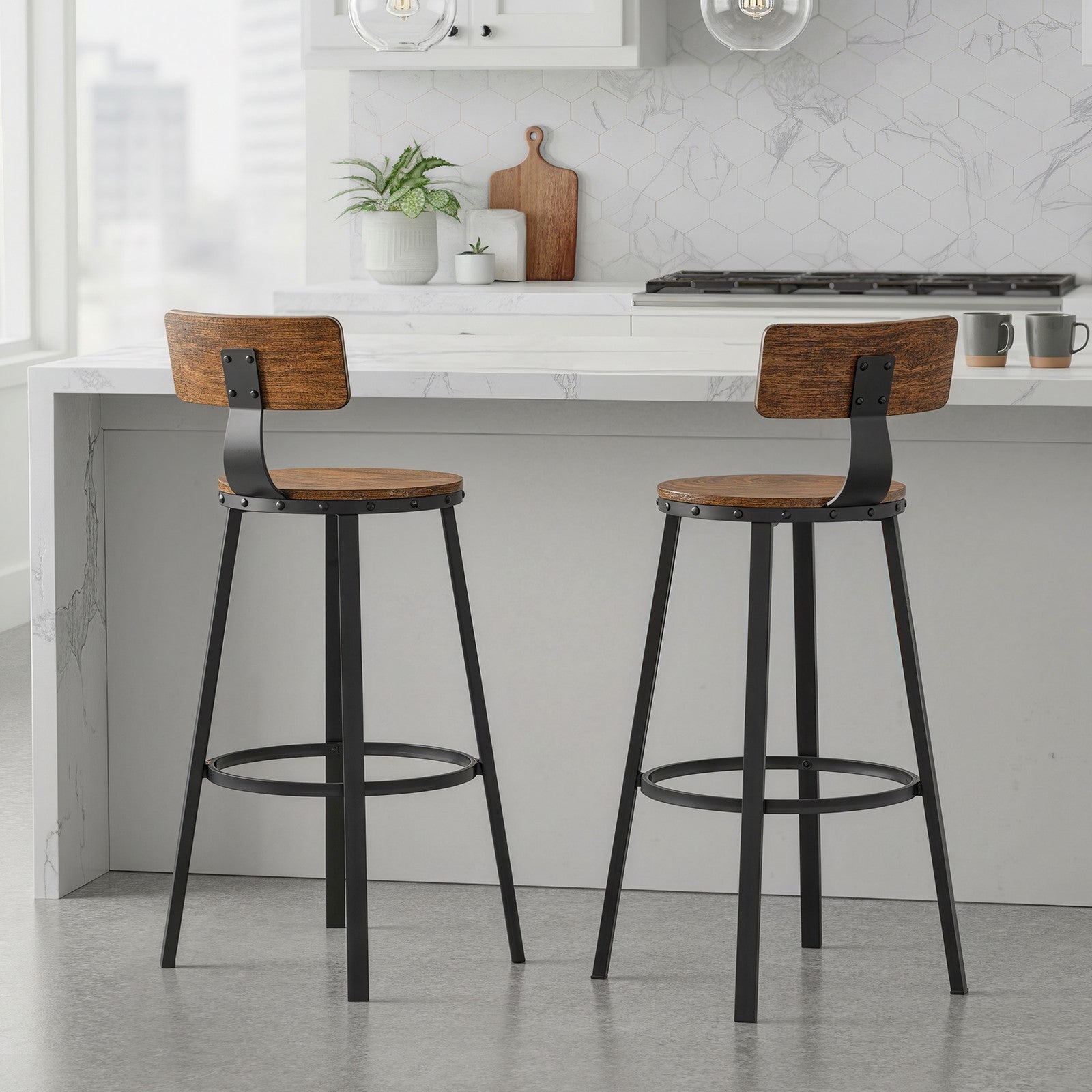 Set of 4 Bar Stools - Heavy-Duty Steel Frame - Rustic Brown and Black - With Backrest