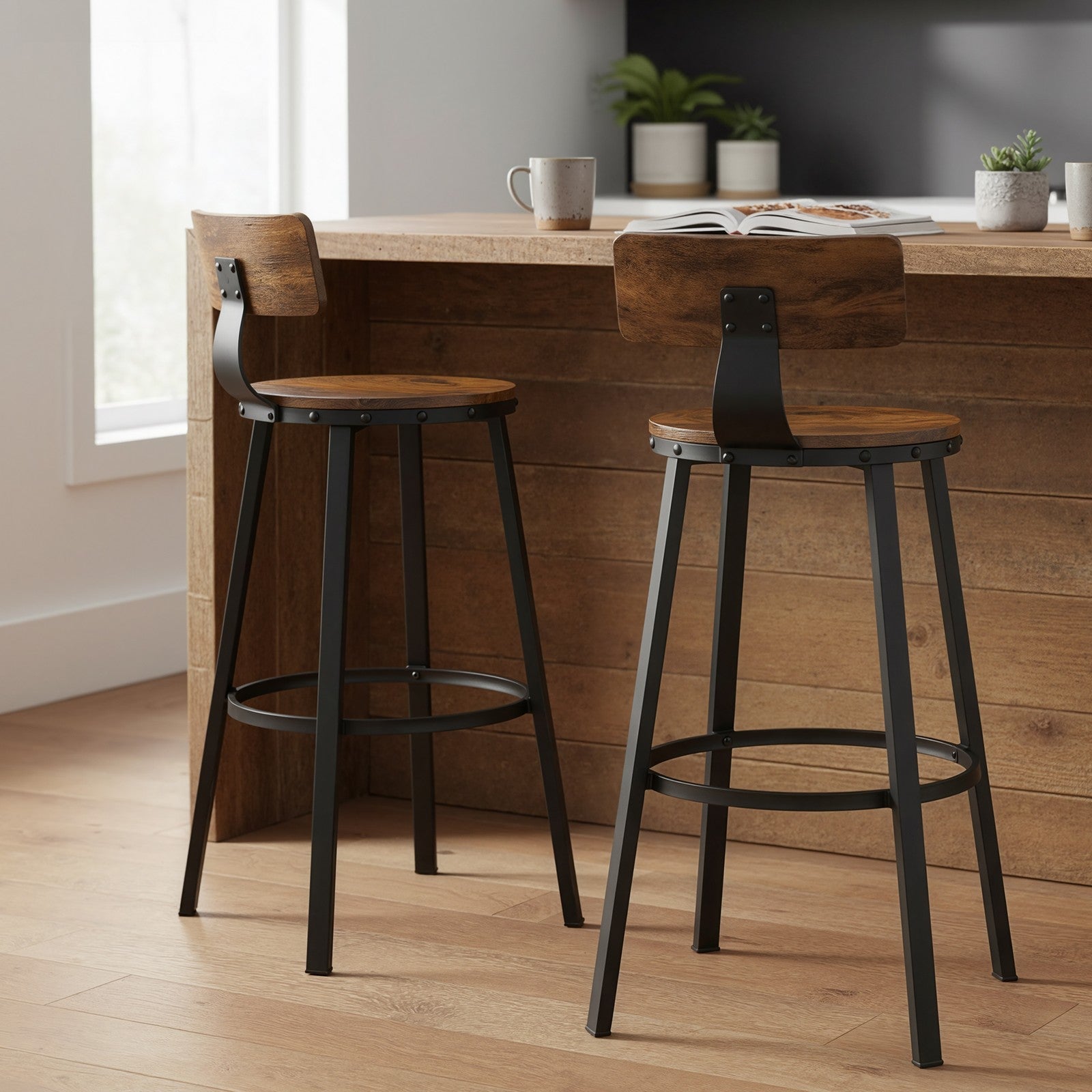 Set of 4 Bar Stools - Heavy-Duty Steel Frame - Rustic Brown and Black - With Backrest