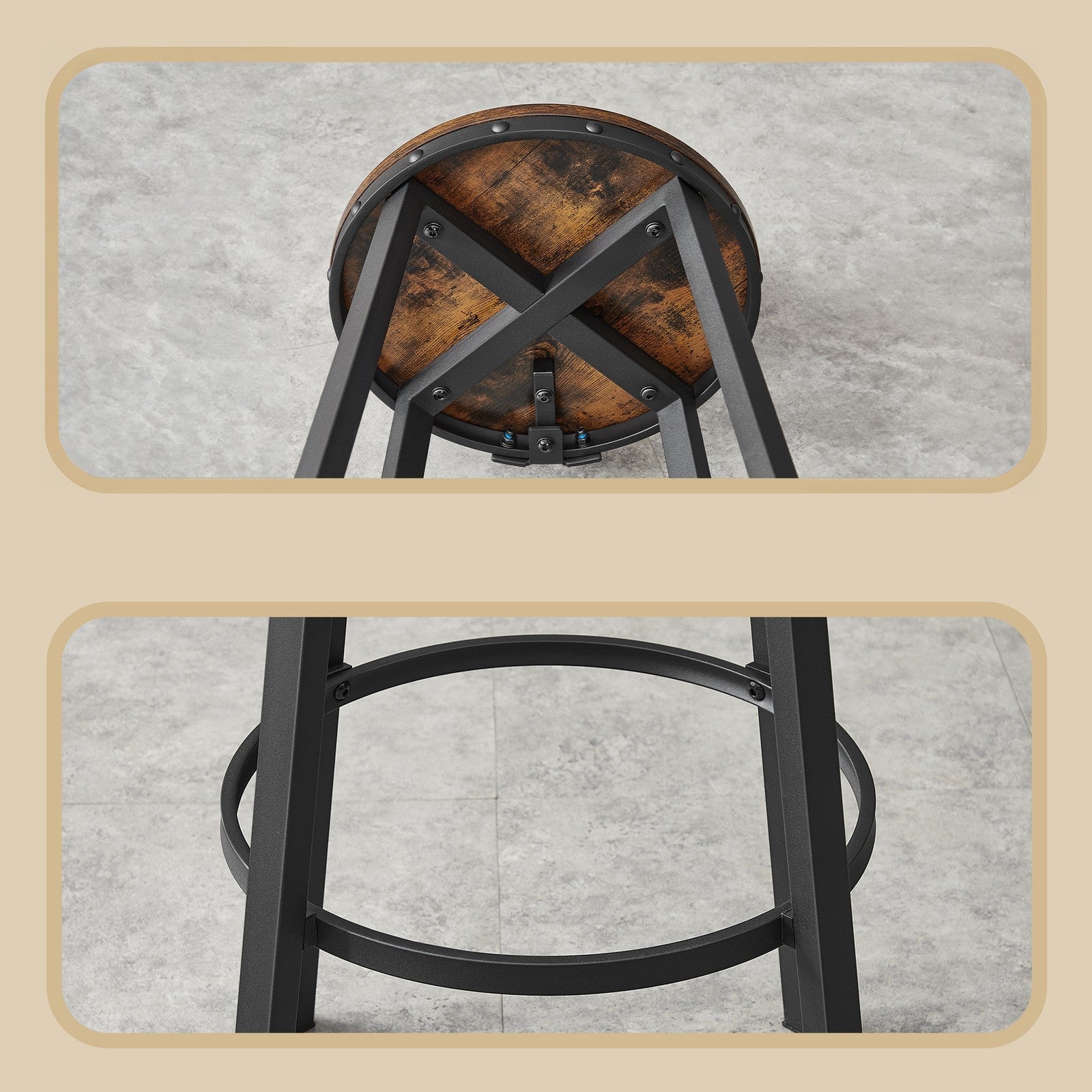 Set of 4 Bar Stools - Heavy-Duty Steel Frame - Rustic Brown and Black - With Backrest
