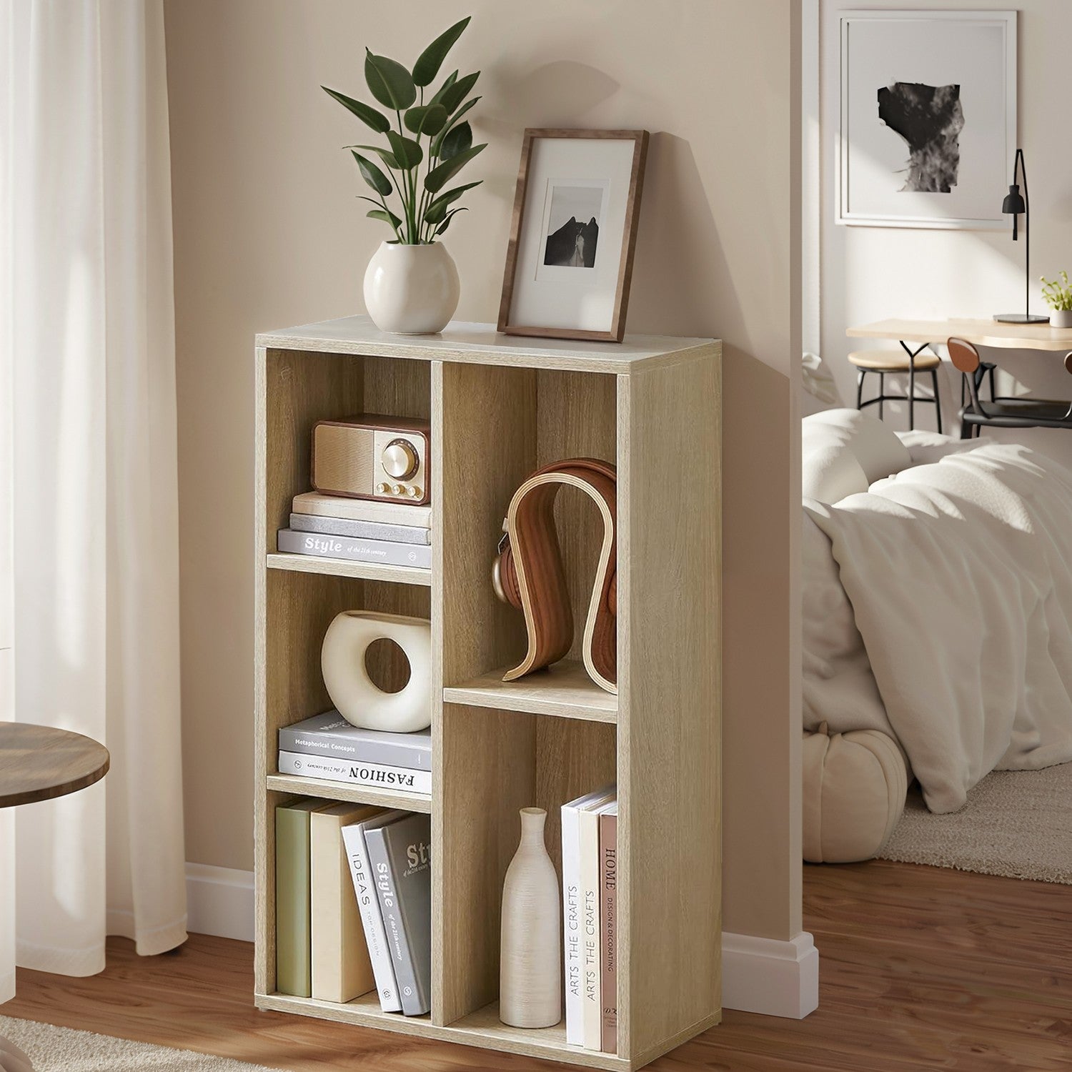 Kids Bookcase - Wood - Oak - 5-Cube Design with Floor Standing Storage