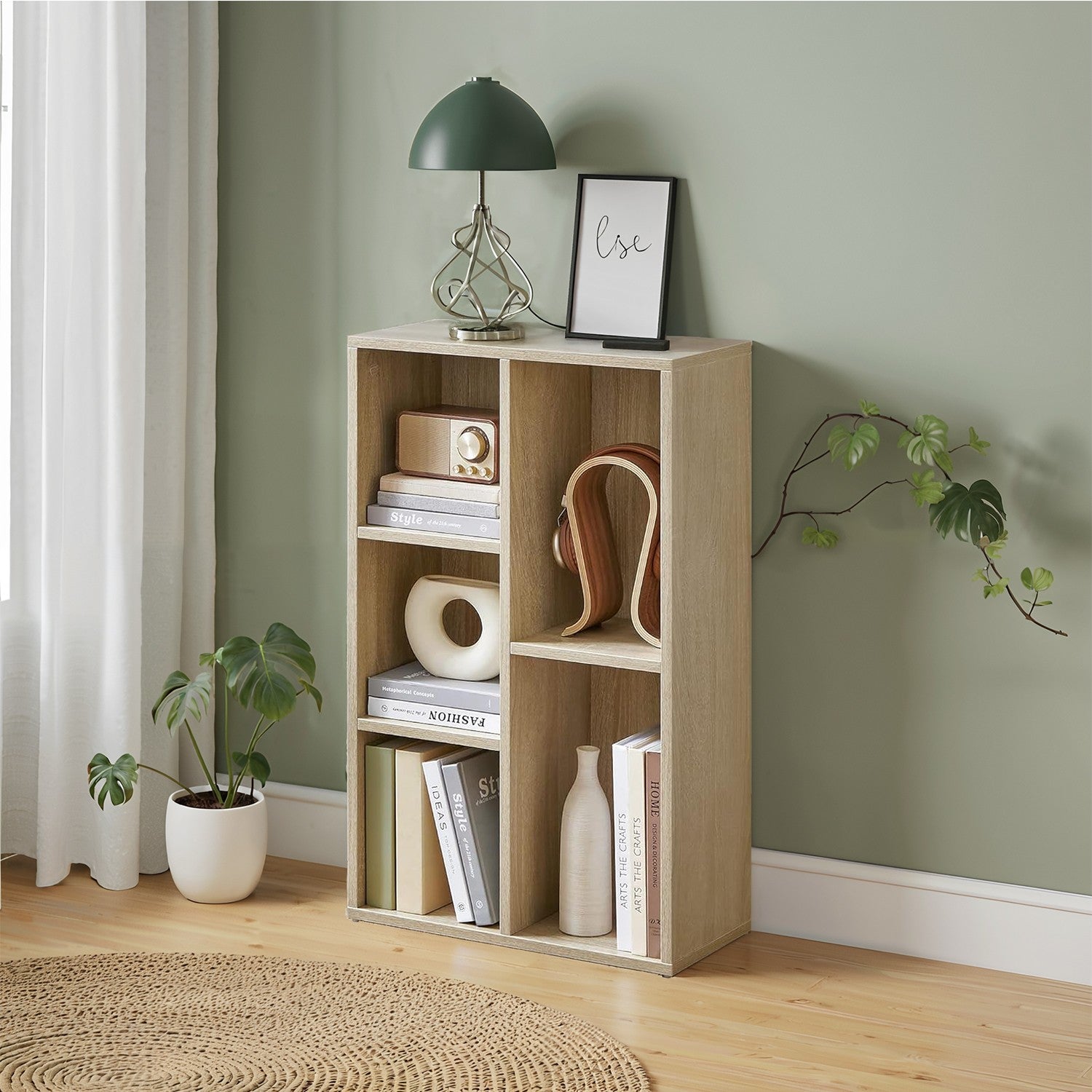 Kids Bookcase - Wood - Oak - 5-Cube Design with Floor Standing Storage
