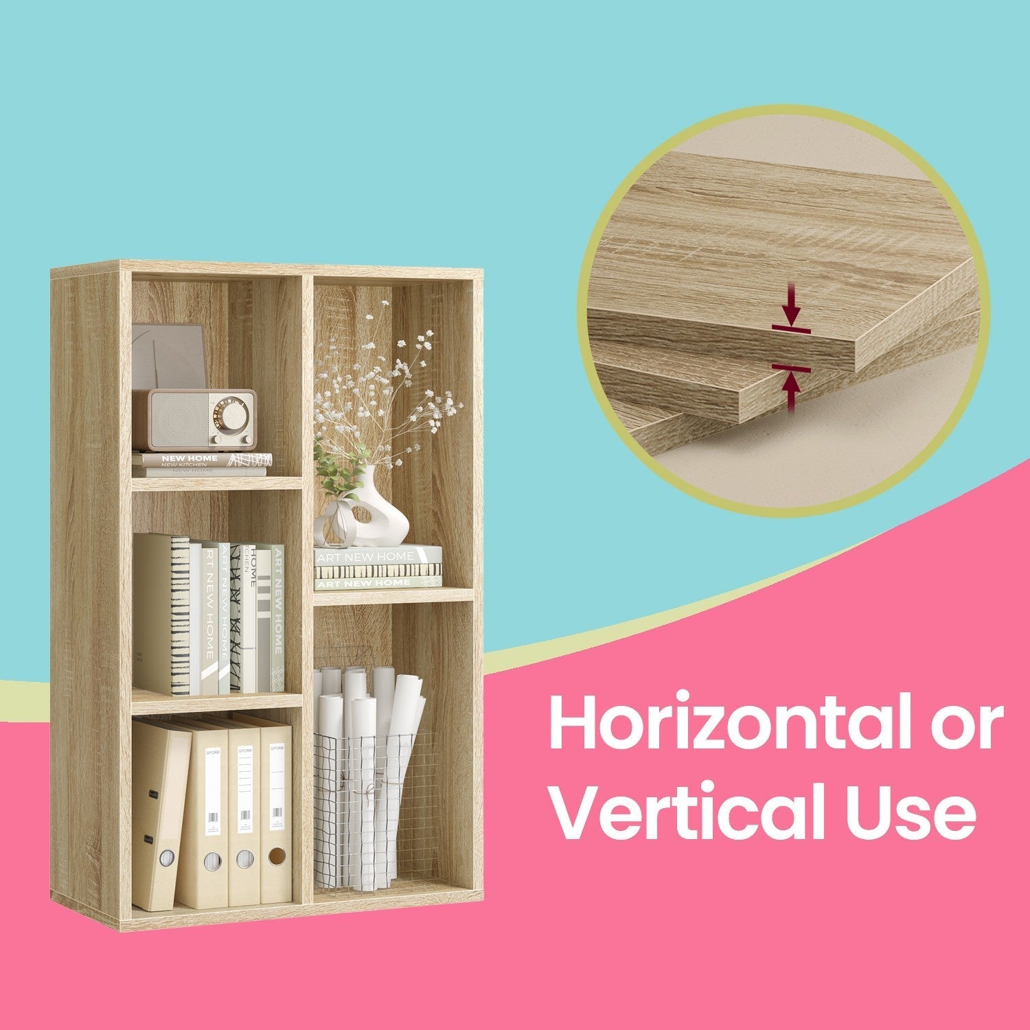Kids Bookcase - Wood - Oak - 5-Cube Design with Floor Standing Storage