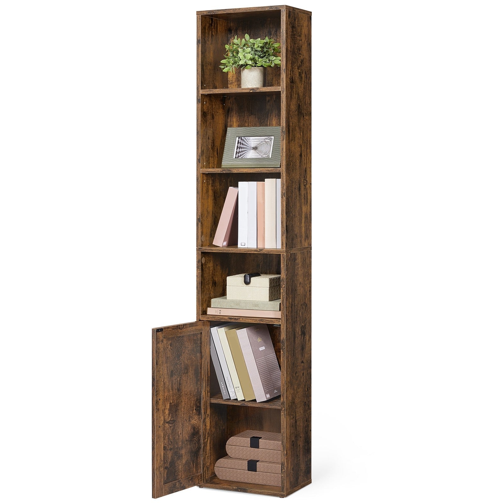 Tall Bookcase - 6-Tier with Door - Engineered Wood - Rustic Brown