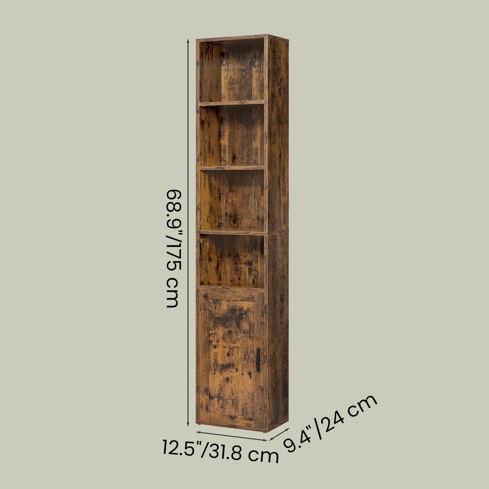 Tall Bookcase - 6-Tier with Door - Engineered Wood - Rustic Brown