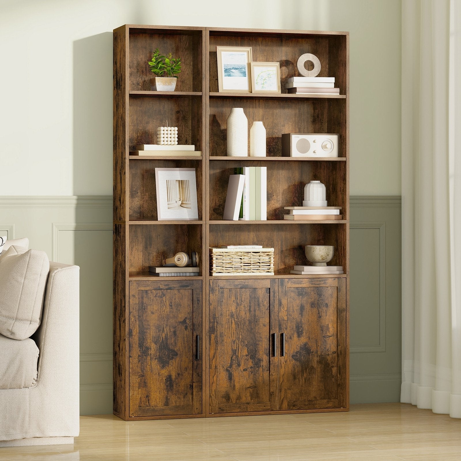 Tall Bookcase - 6-Tier with Door - Engineered Wood - Rustic Brown