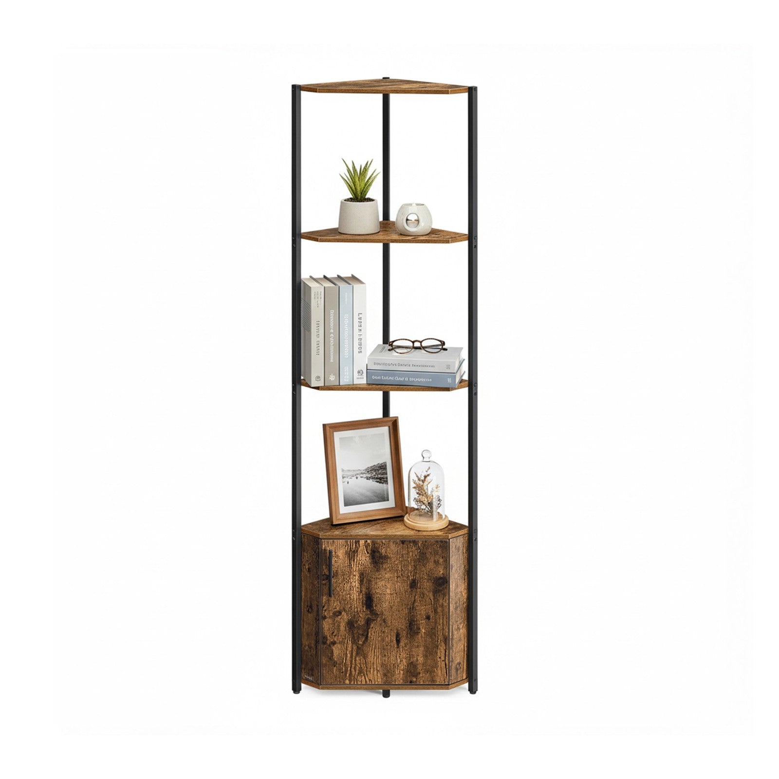 5-Tier Storage Shelf - Wood and Steel - Rustic Brown - with Cabinet