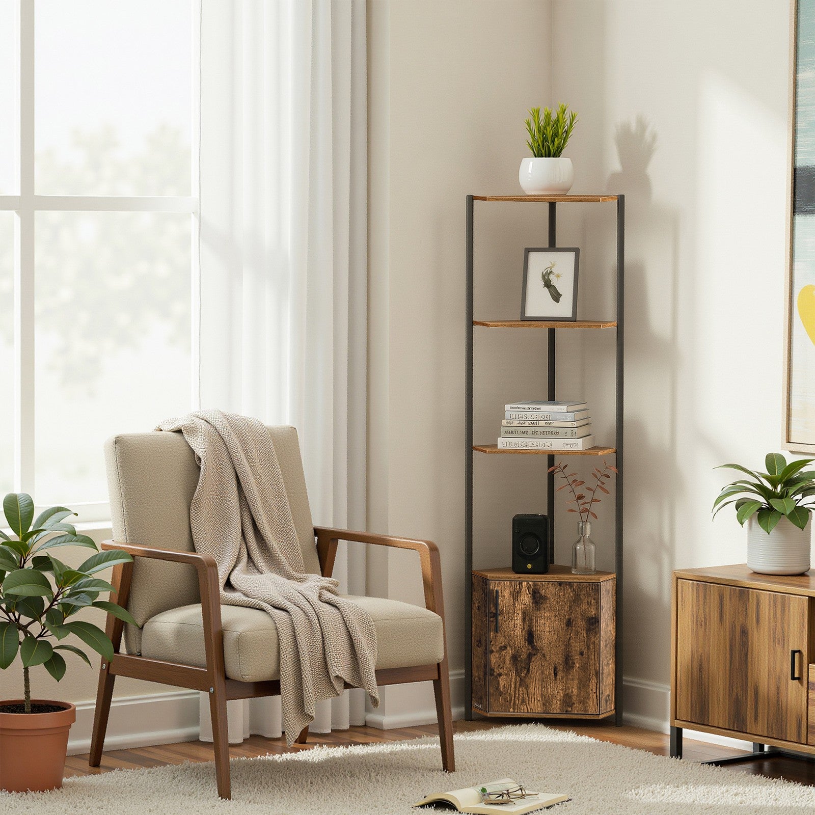 5-Tier Storage Shelf - Wood and Steel - Rustic Brown - with Cabinet
