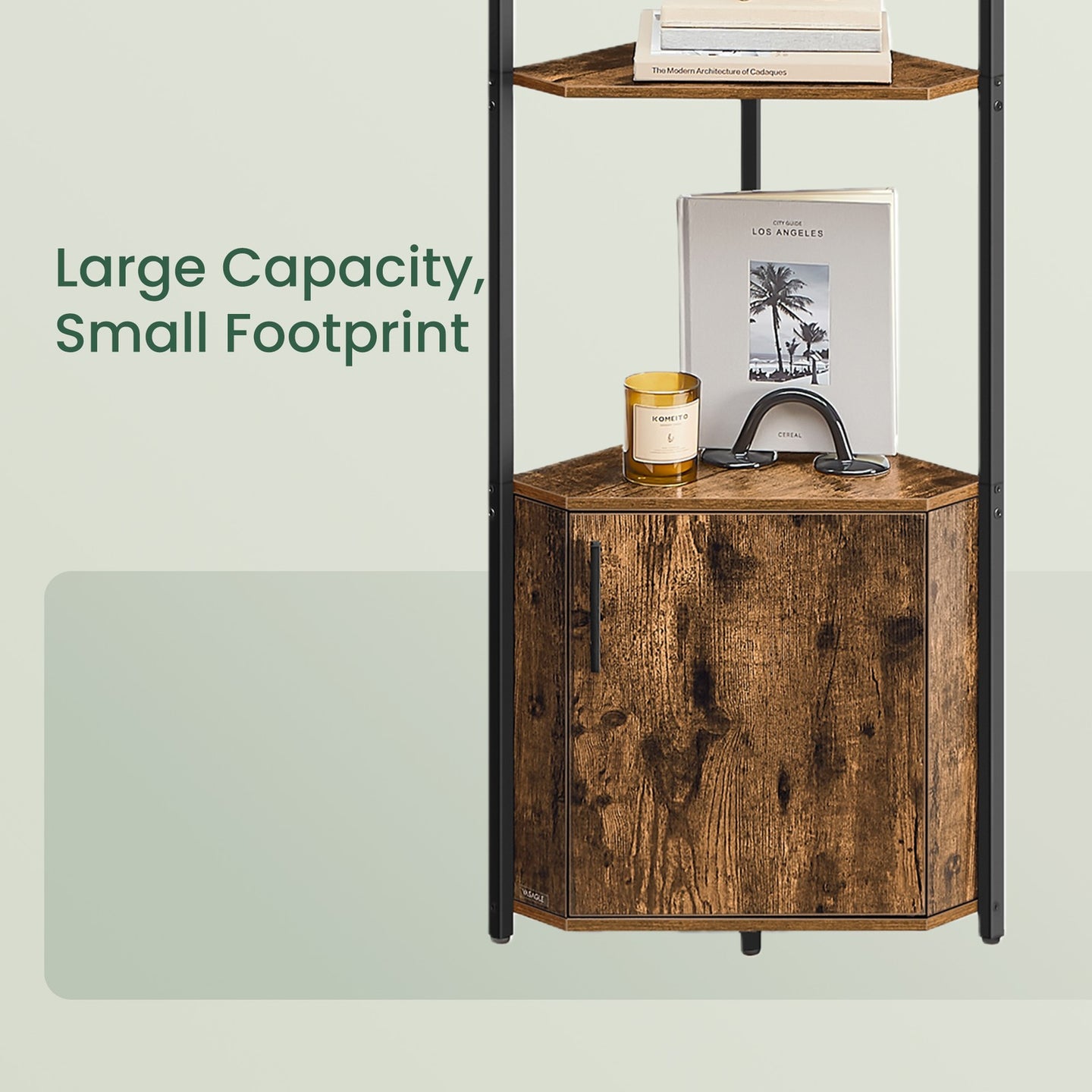 5-Tier Storage Shelf - Wood and Steel - Rustic Brown - with Cabinet