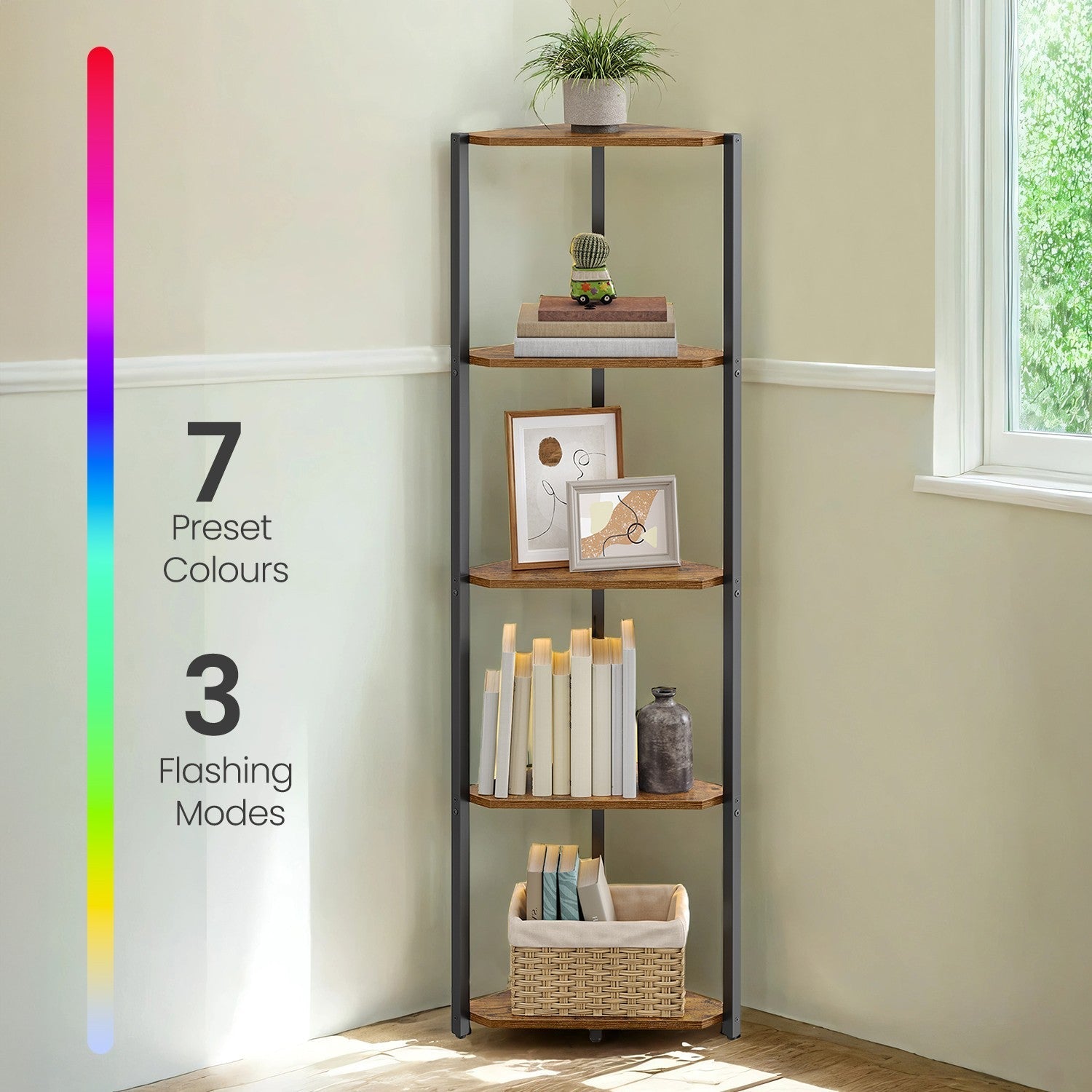 Corner Bookcase - Steel Frame - Rustic Brown - 5-Tier with Adjustable LED Lights