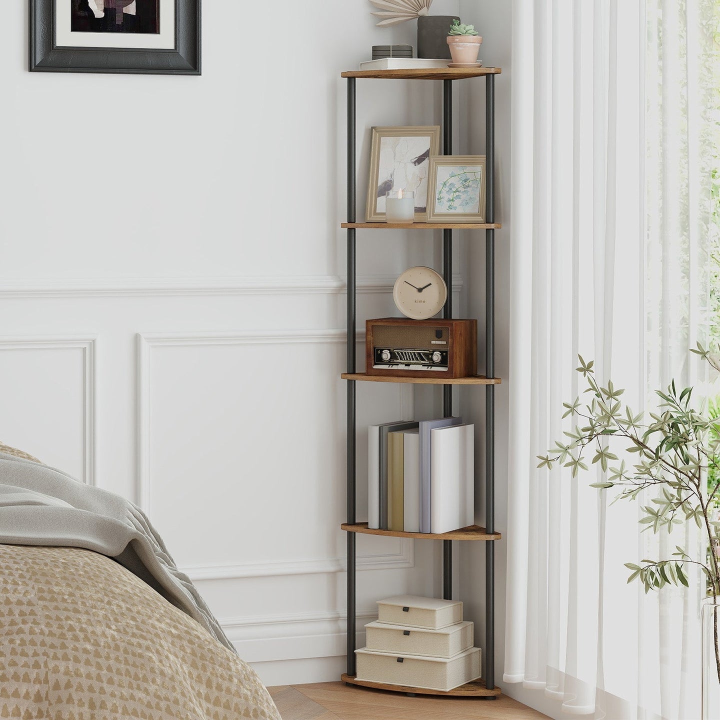 5-Tier Corner Shelf - Wood - Rustic Brown - Quick Toolless Assembly