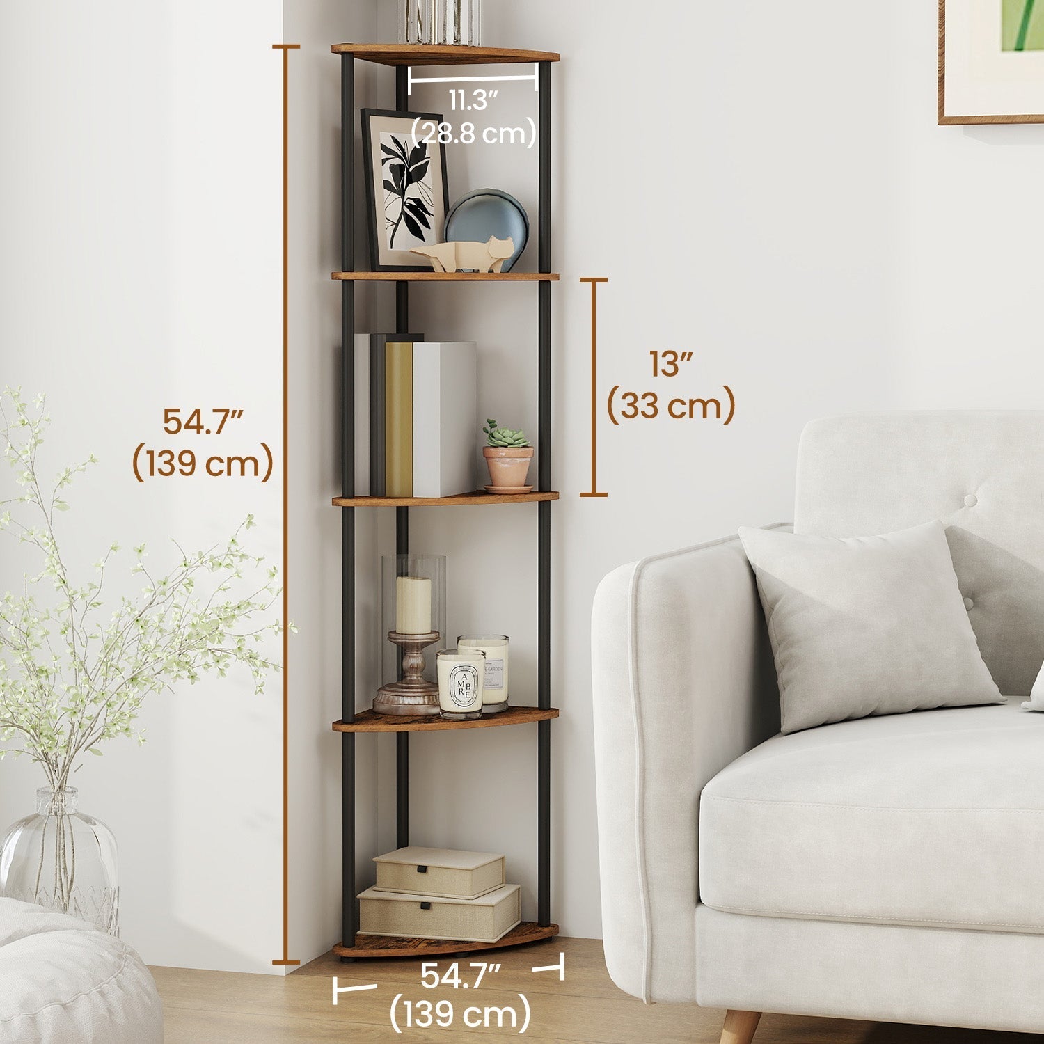 5-Tier Corner Shelf - Wood - Rustic Brown - Quick Toolless Assembly