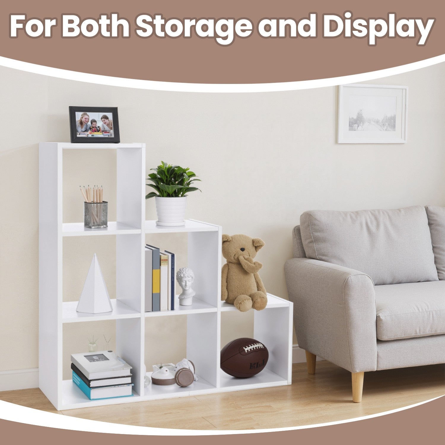 Bookcase - Wood - White - 6-Cube Staircase Storage Unit and Room Divider